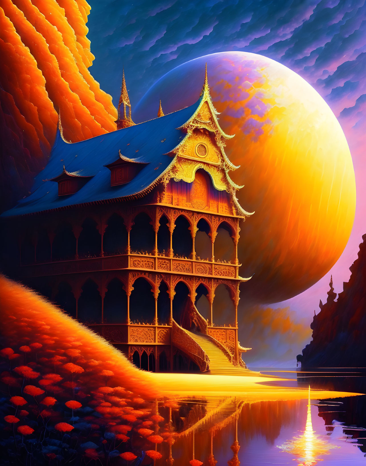 Fantasy landscape with ornate building, moon, vibrant sky, and red foliage