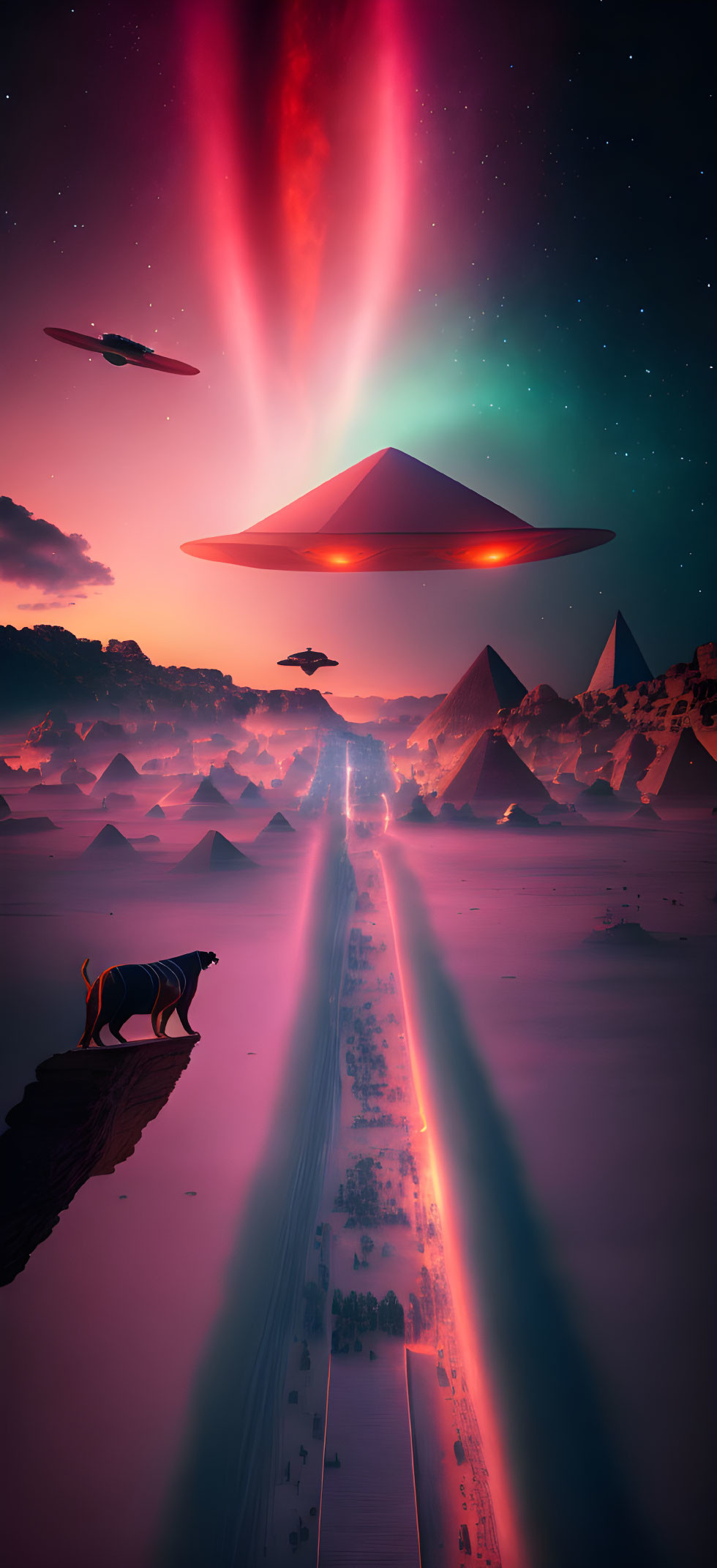 Surreal lion, pyramids, desert road, UFOs in starry night sky