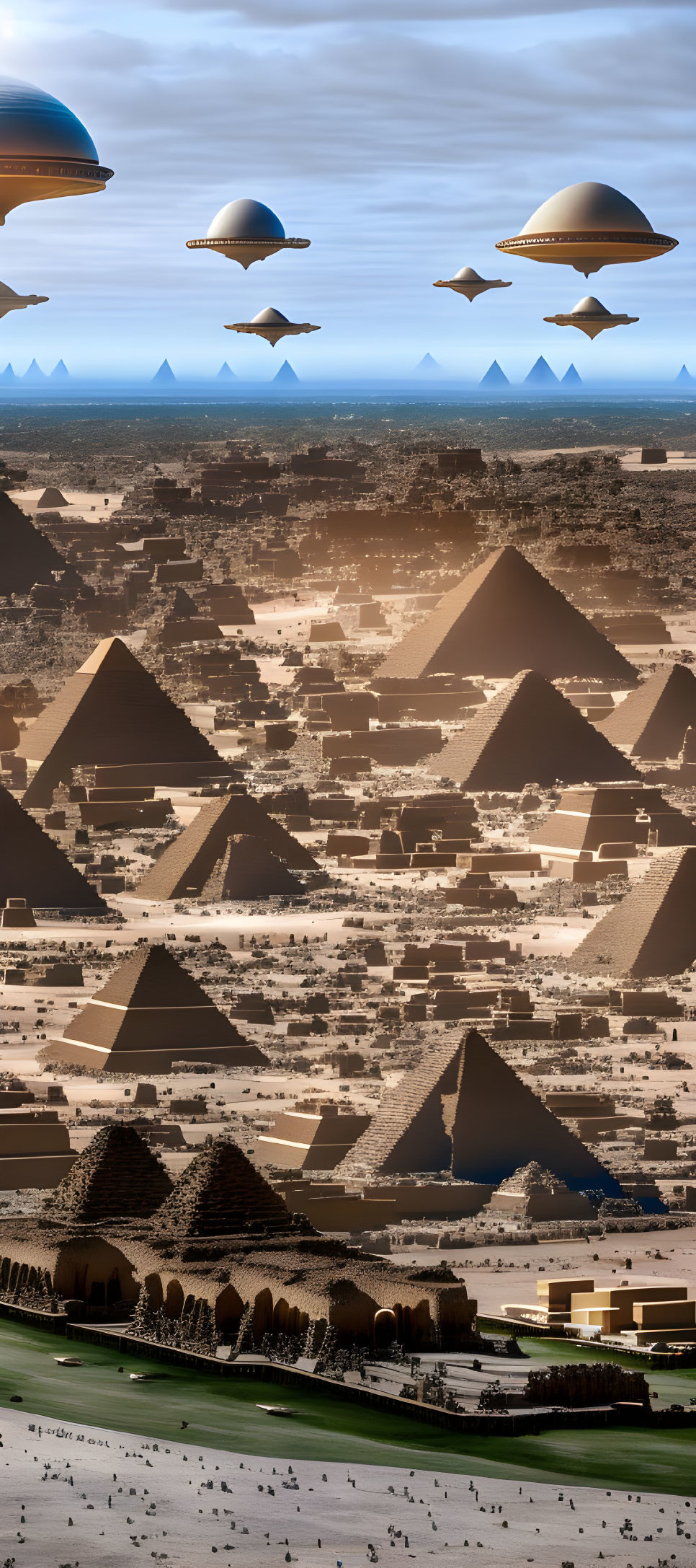 Futuristic digital art: Pyramids, UFOs, desert landscape