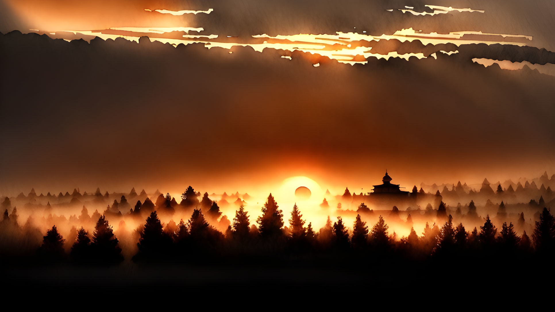 Silhouetted forest landscape with orange sunset and pagoda.