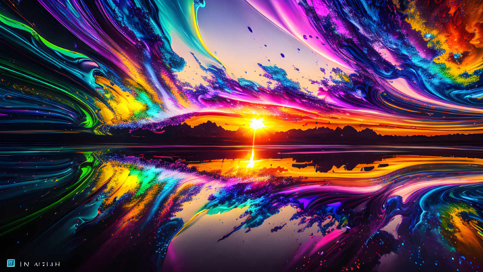 Colorful digital artwork: sunset, mountain silhouette, liquid-like patterns