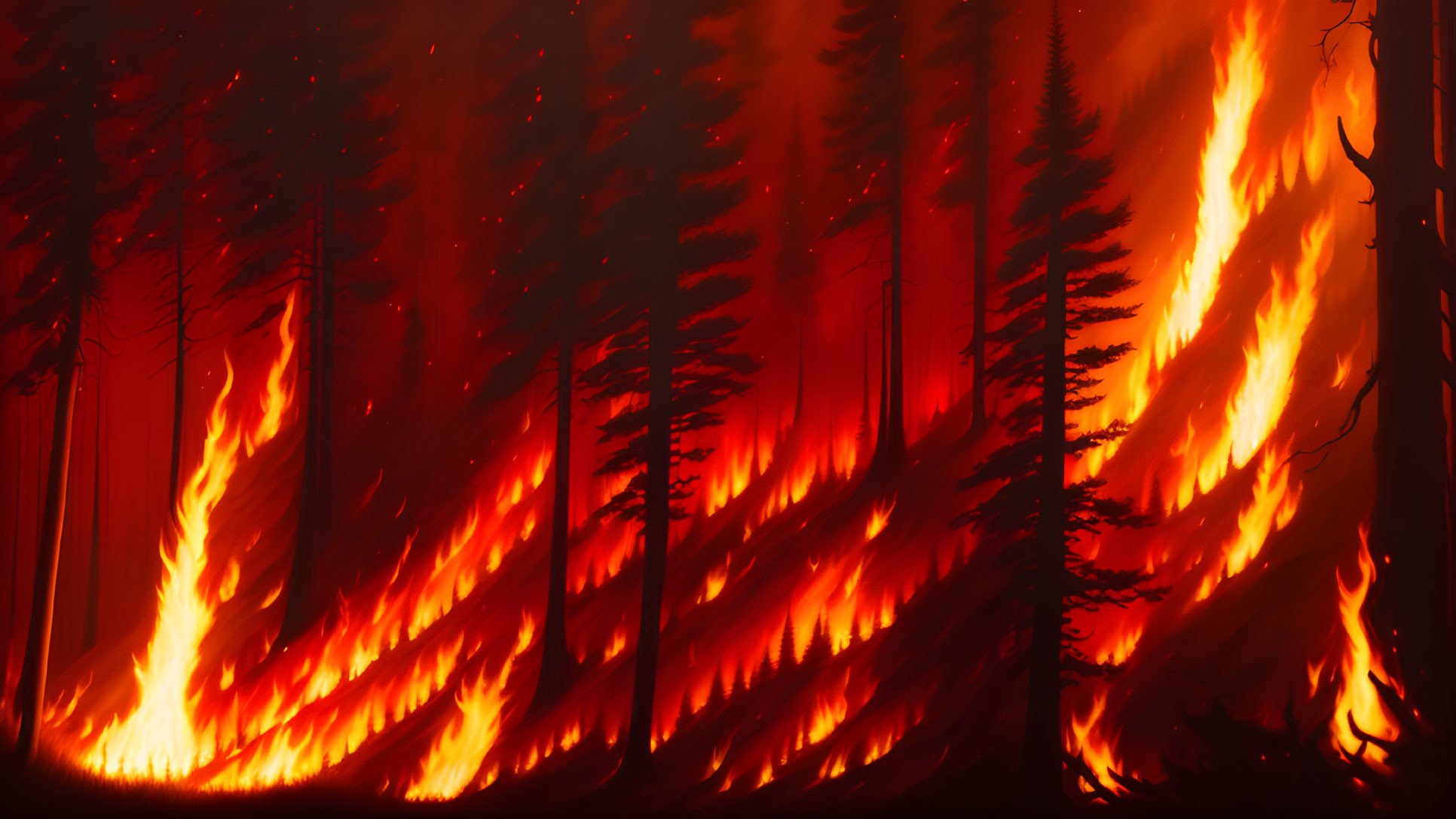 Intense forest fire with towering flames and red glow