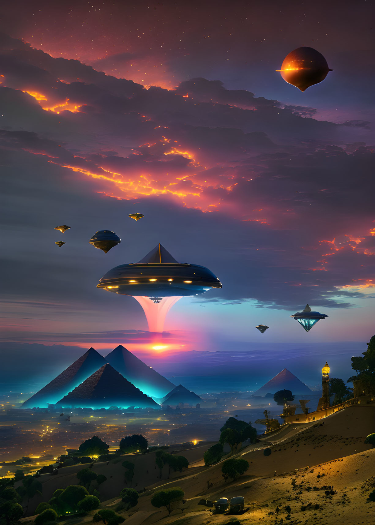 Fantastical desert landscape with pyramids, UFO, and flying vessels at dusk or dawn