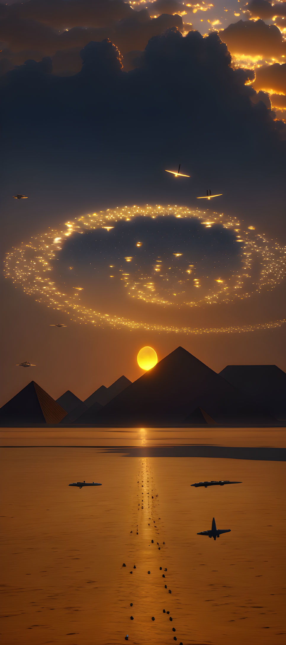 Surreal sunset scene with pyramids, water, clouds, and birds