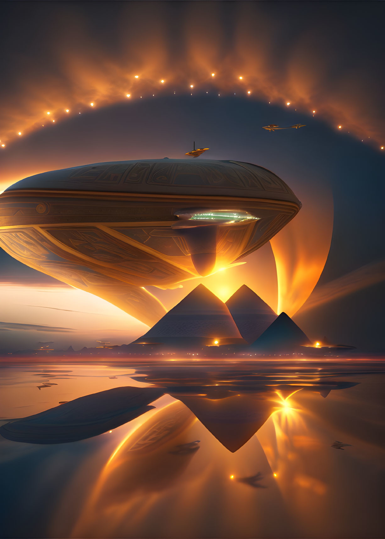 Futuristic spaceship above Egyptian pyramids at sunset with water reflection