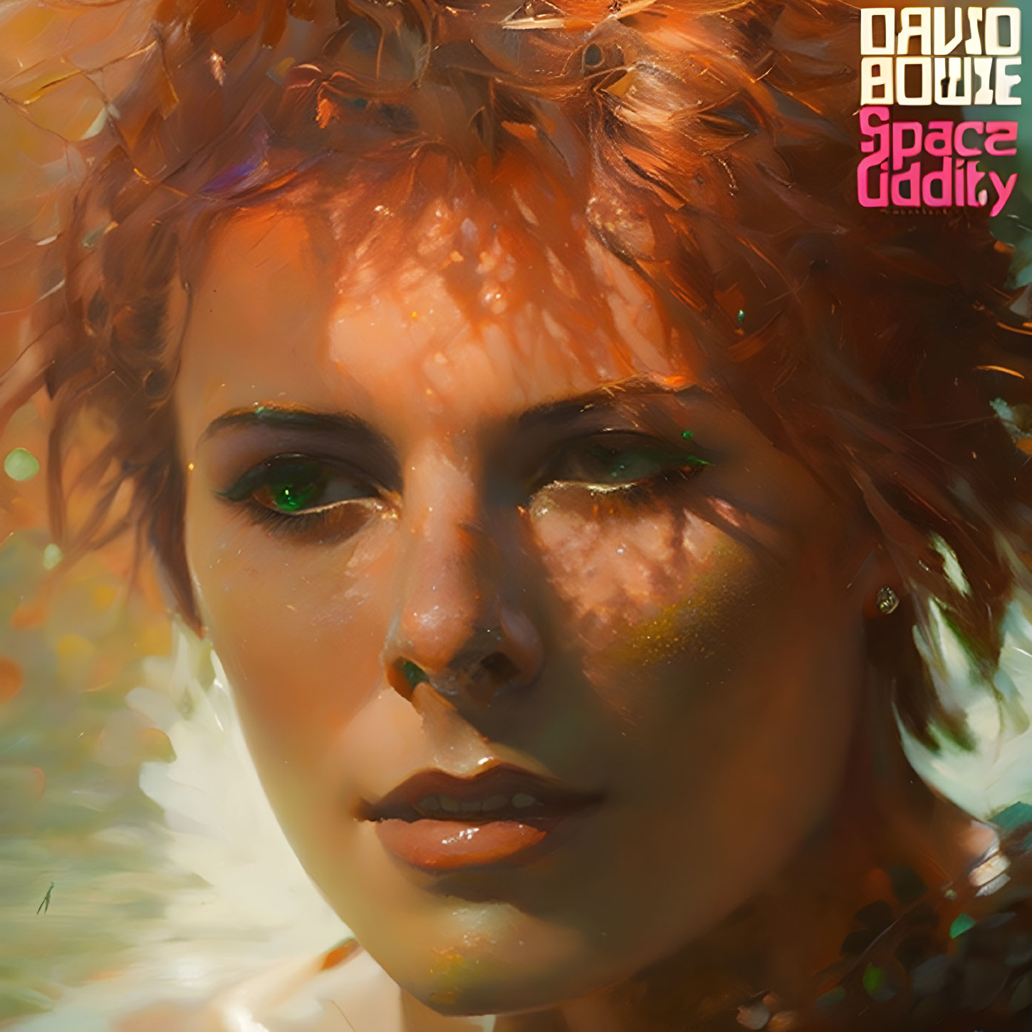 Digital artwork: Person with green eyes & red hair in warm, dappled light with foliage.