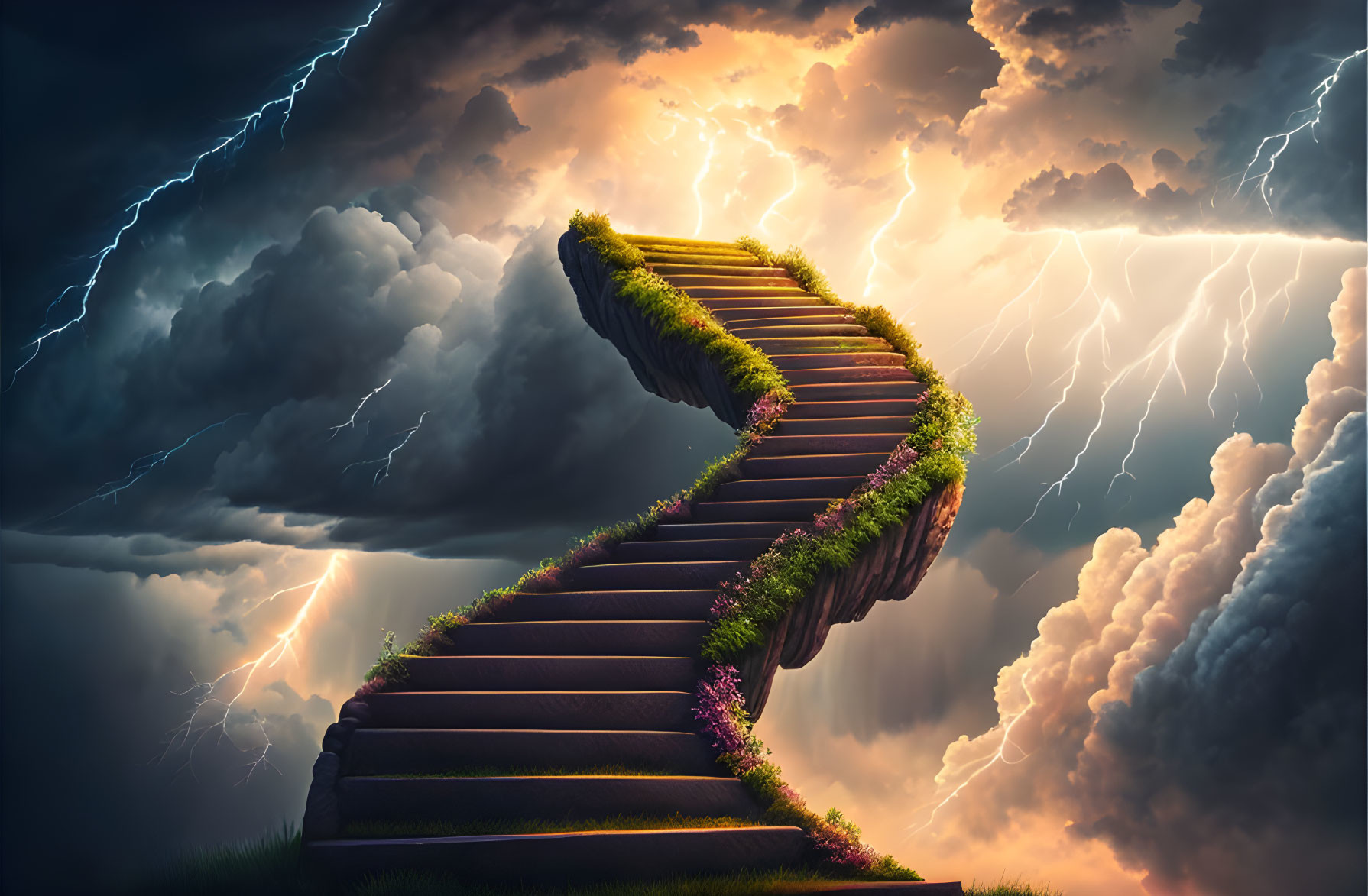 Surreal image: Winding staircase with grass and flowers under stormy sky