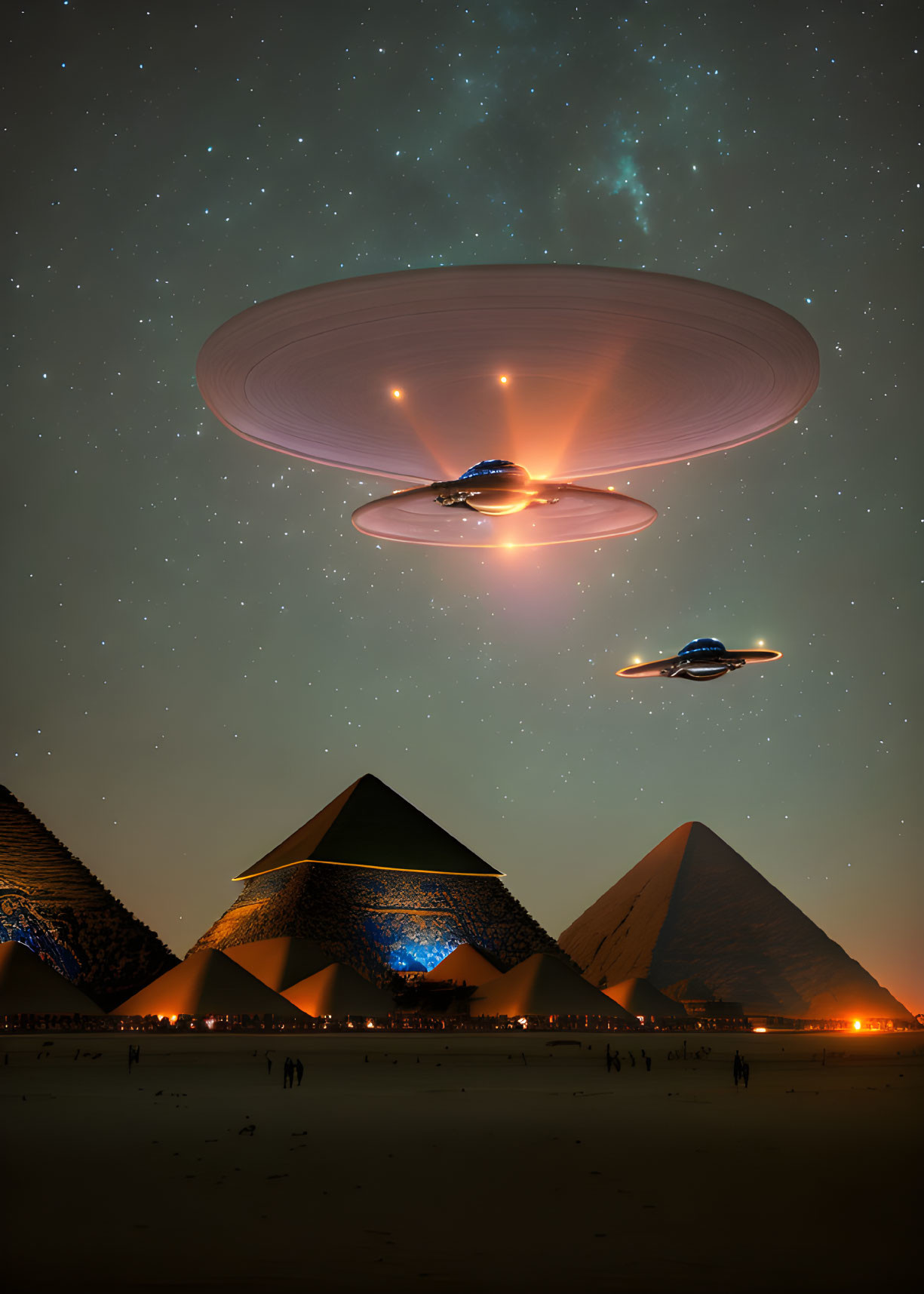 UFOs hovering over illuminated pyramids at night