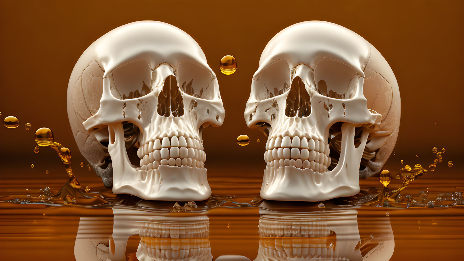 Two white human skulls with liquid gold droplets on reflective surface