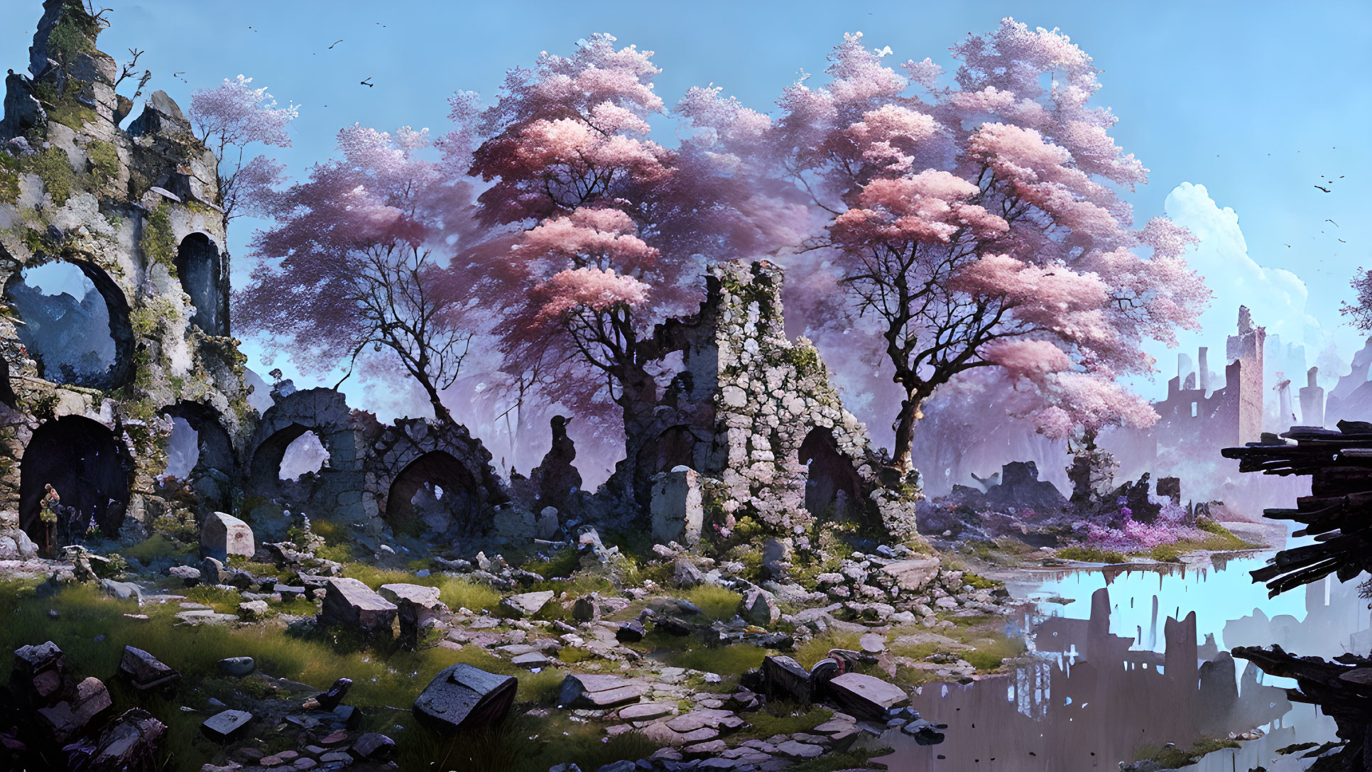 Ancient ruins surrounded by pink flowering trees and city silhouettes reflected in water.