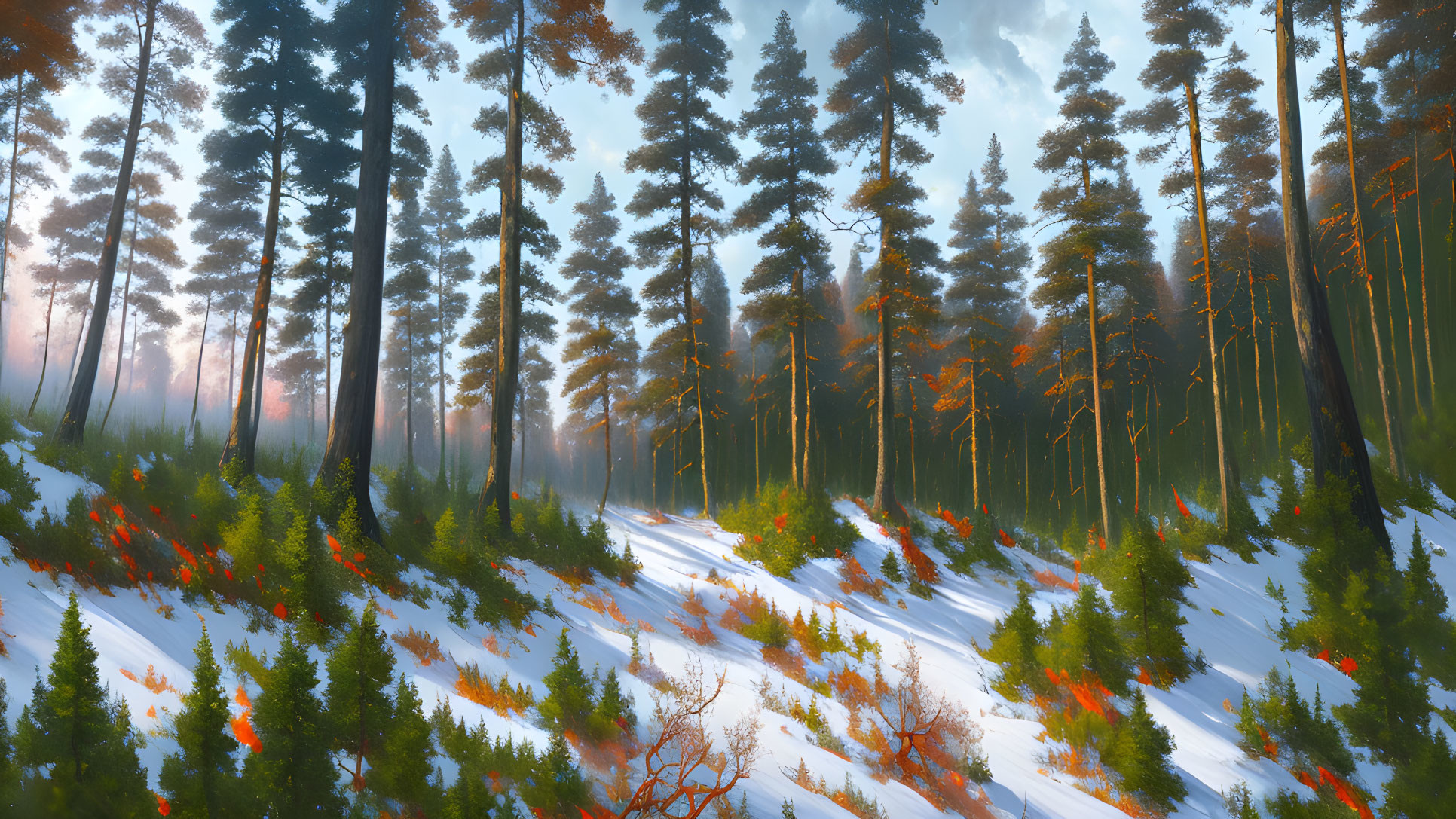 Winter forest scene: tall pine trees, sunlight filtering through branches, casting shadows on snowy ground with orange