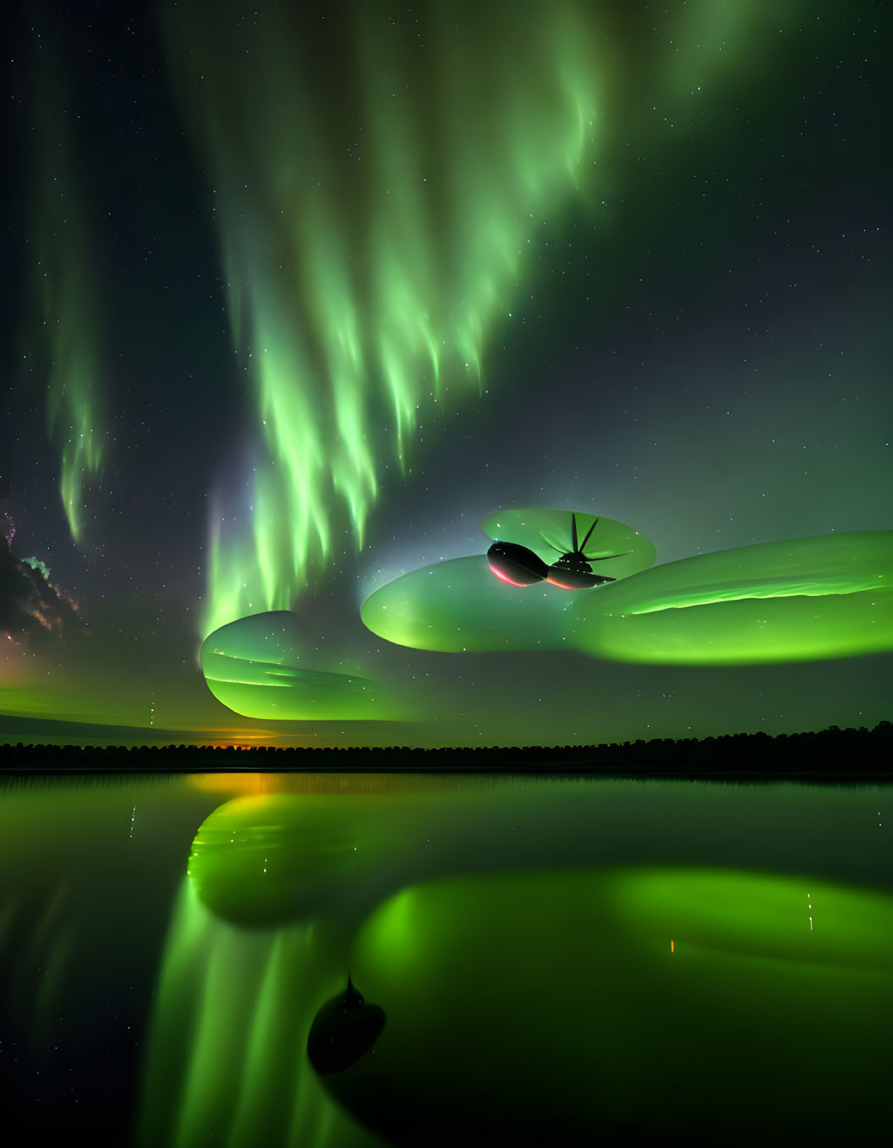 Vivid green aurora borealis and UFO over calm waters