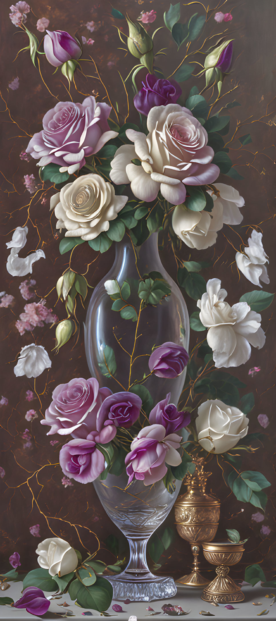 Tall Glass Vase with White and Purple Roses on Dark Background