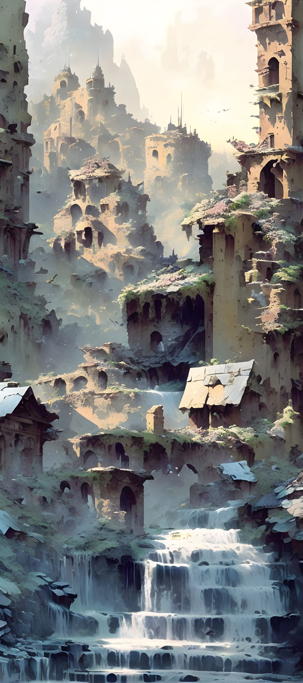 Vertical Cityscape with Ancient Stone Structures and Waterfalls in Sunlit Environment