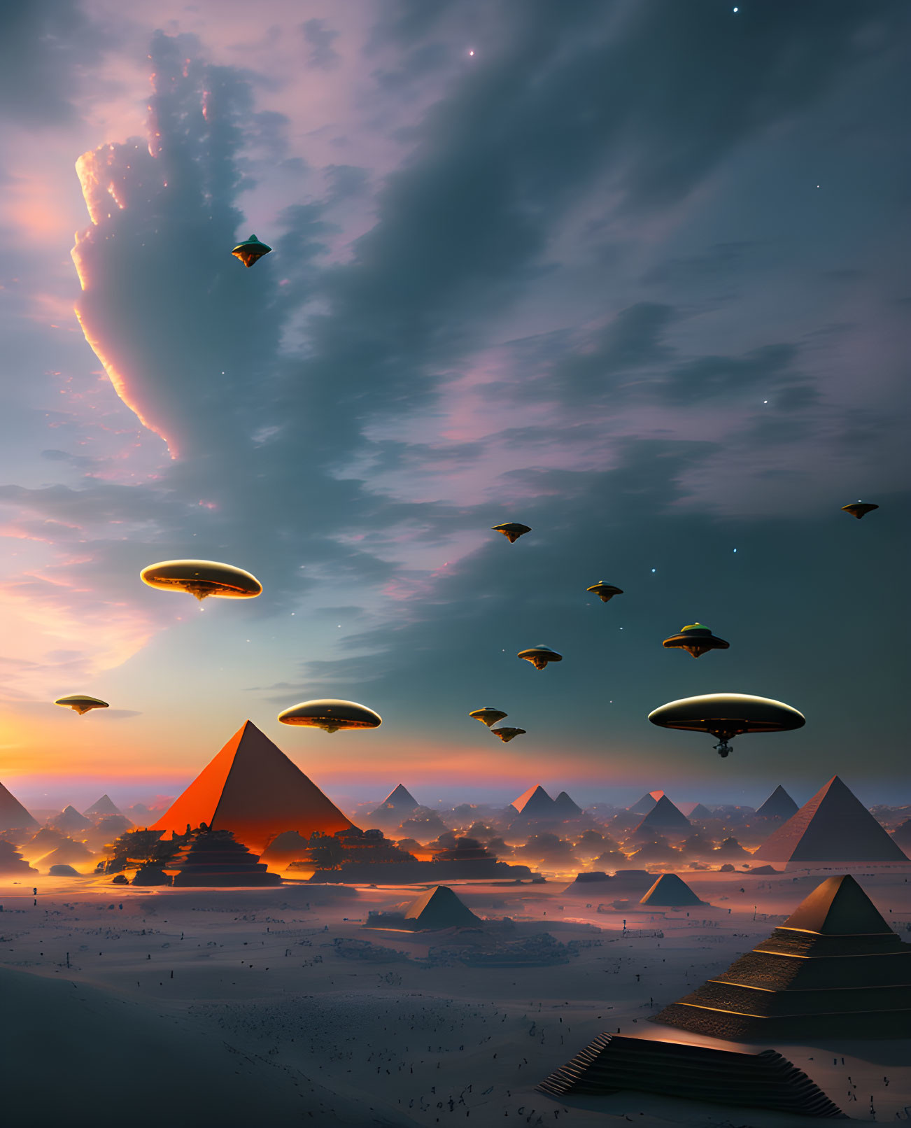 Desert sunset with pyramids, starry sky, and flying saucers