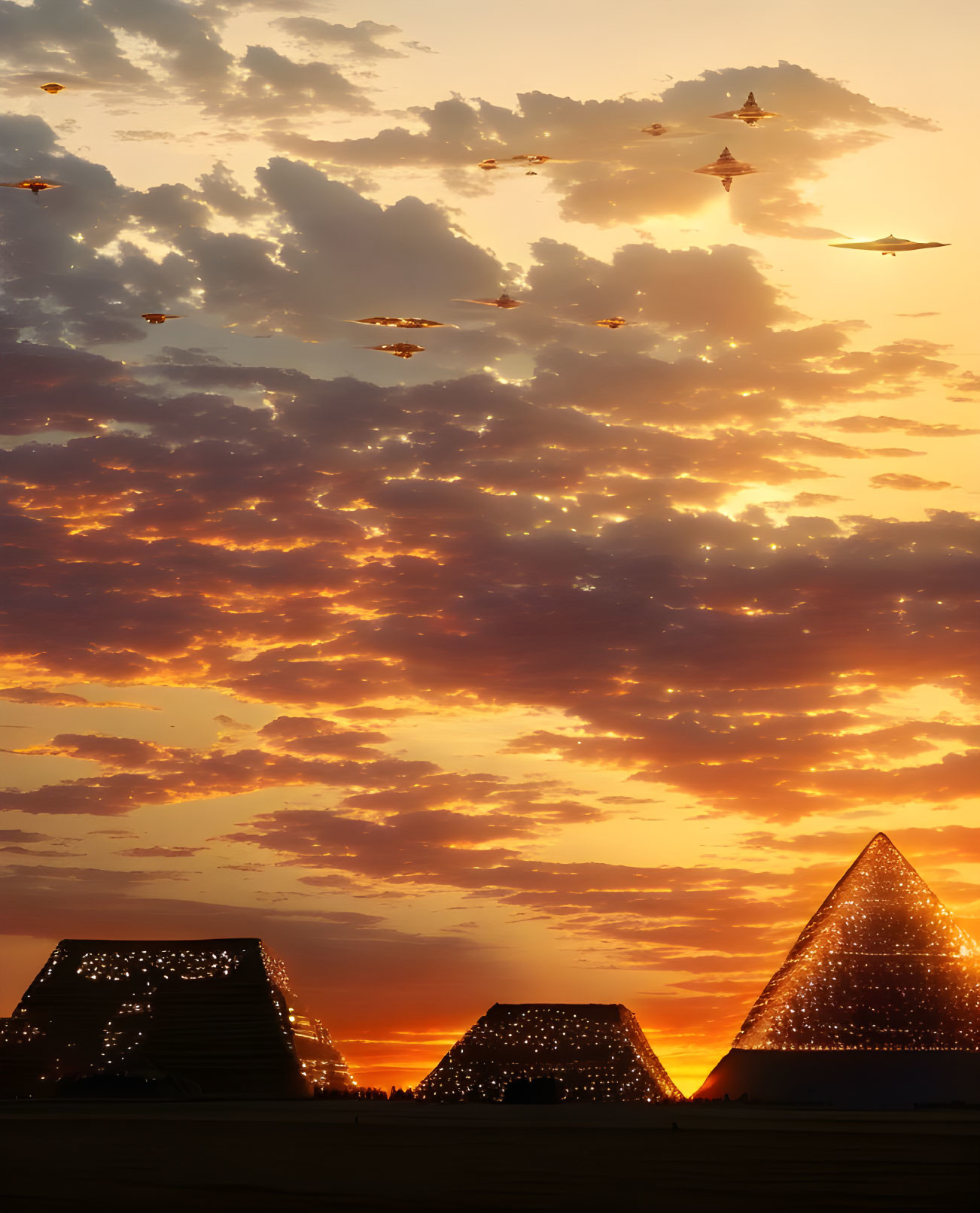 Futuristic illuminated pyramids under orange sunset sky