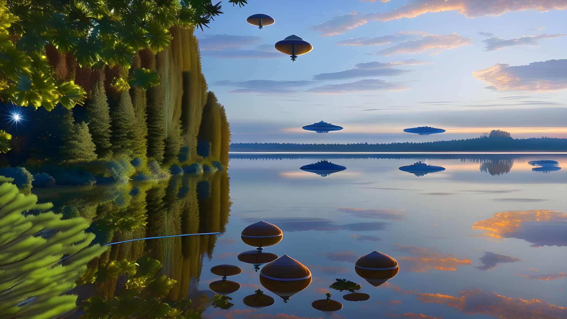 Surreal landscape with mirrored water, floating objects, and airships at dusk