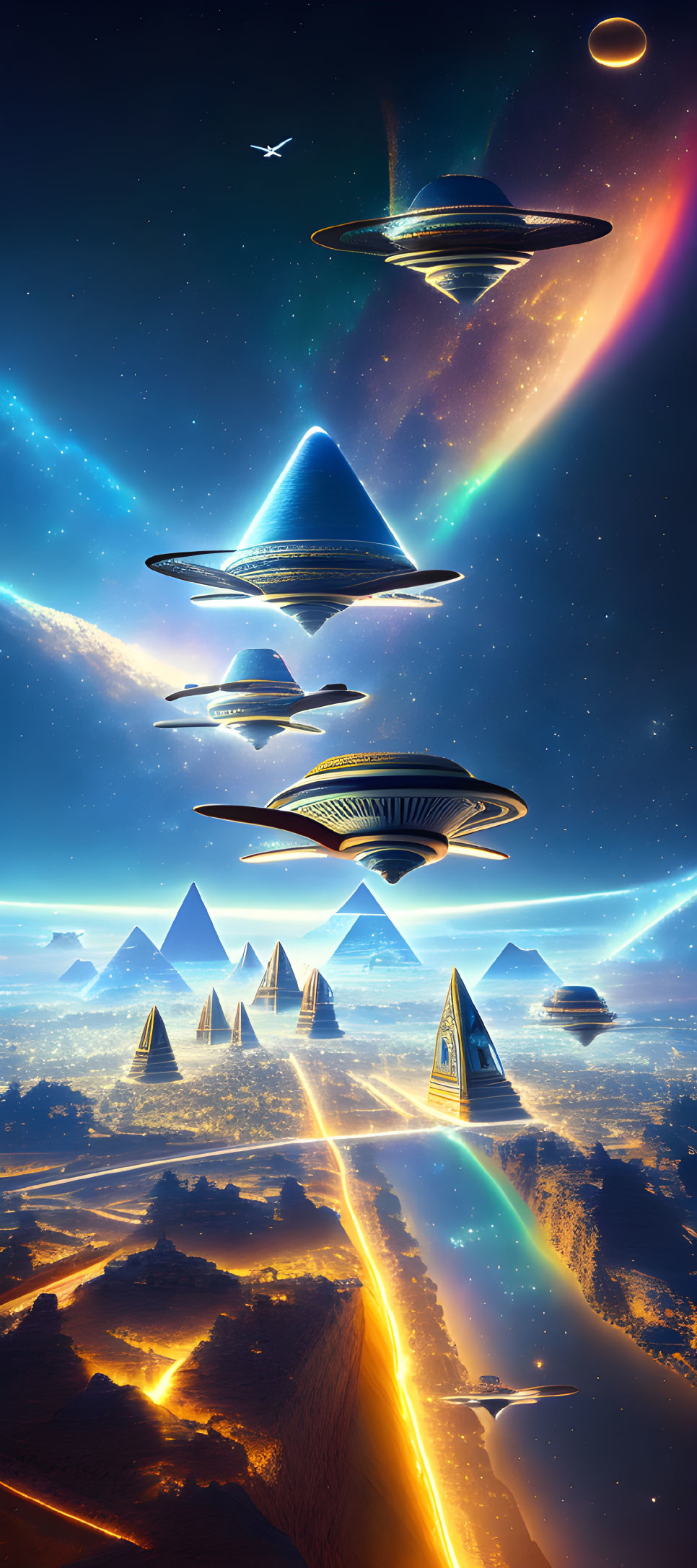 Futuristic digital artwork: flying saucers, pyramids, cosmic elements