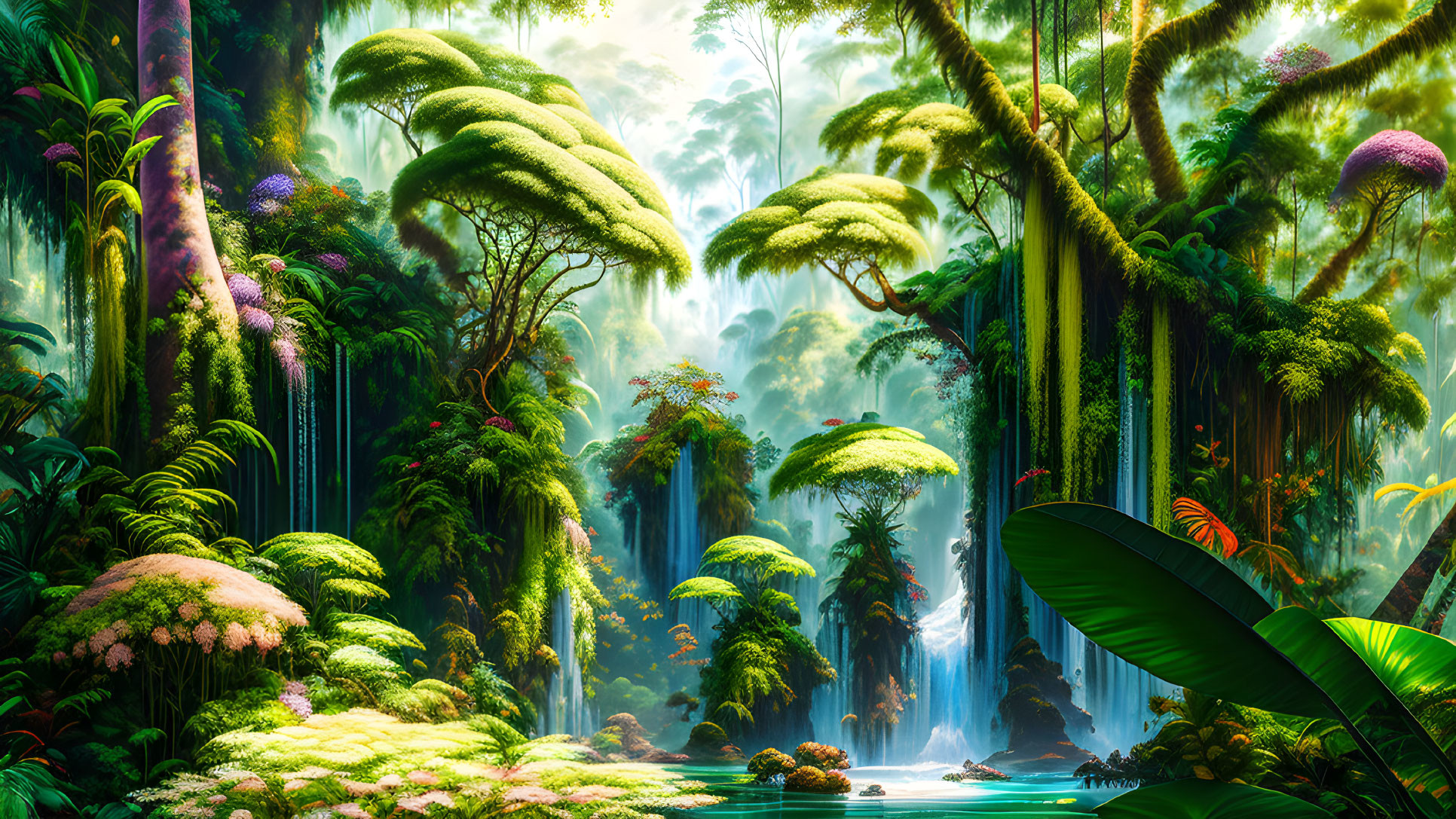 Lush Jungle with Waterfalls, Exotic Trees, and Turquoise River