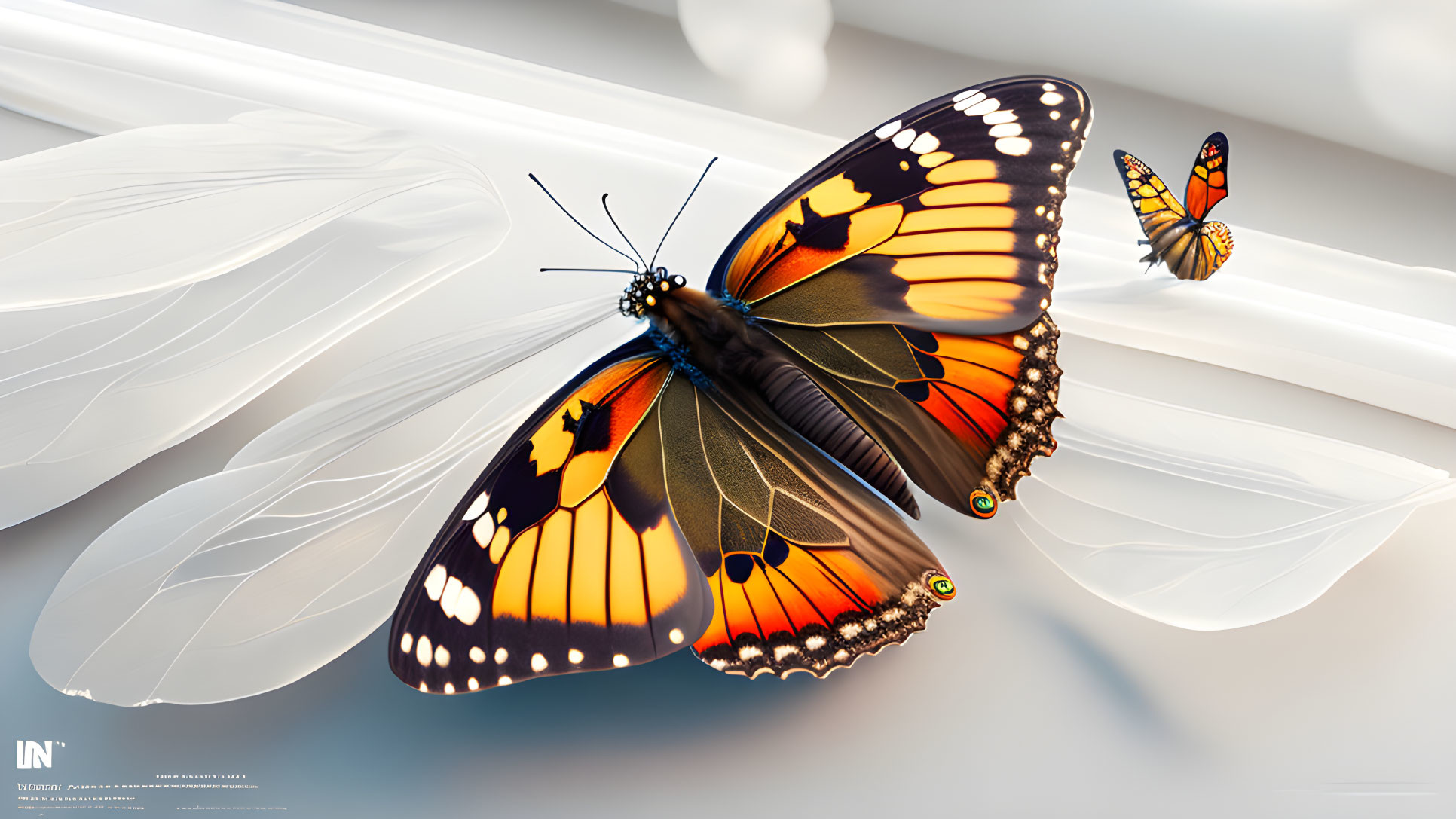 Colorful digital illustration of two monarch butterflies with spread wings, one sharp, one blurred