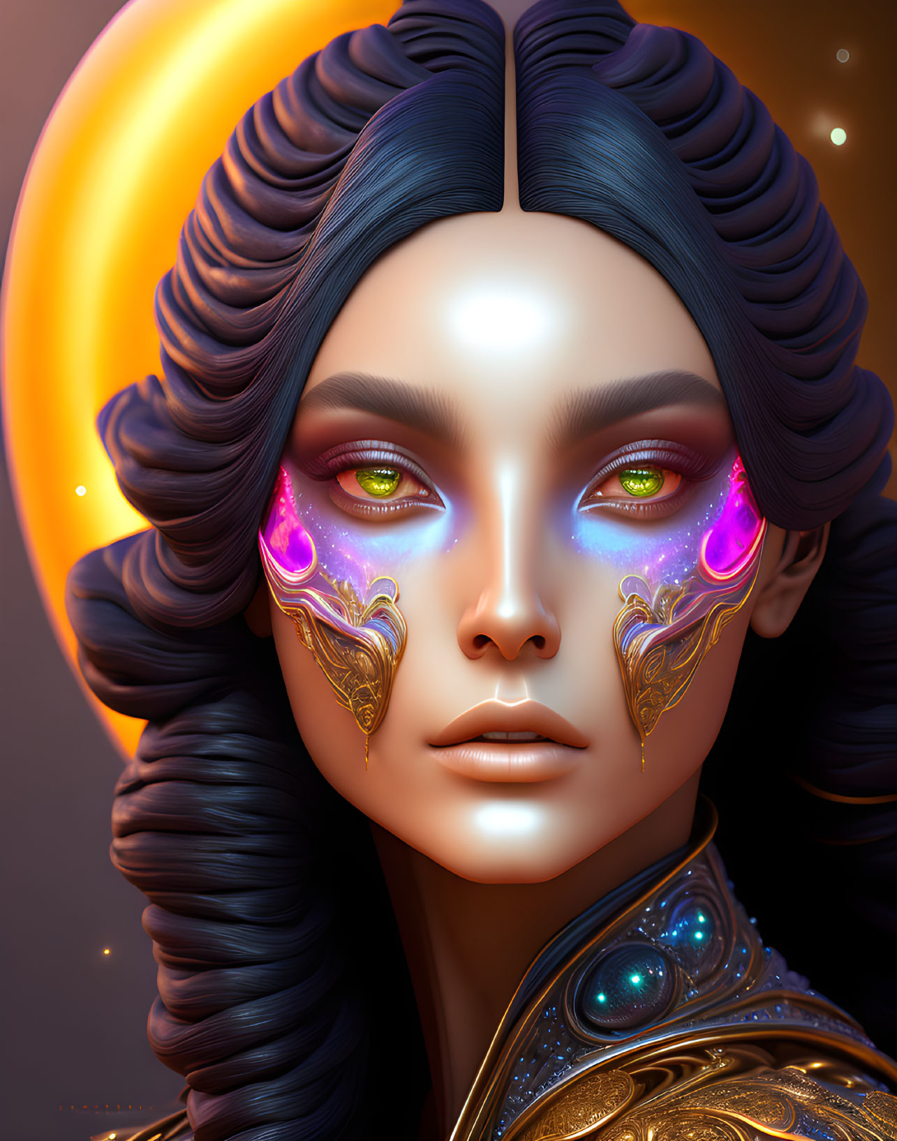 Digital portrait of woman with fantasy makeup and gold adornments against cosmic backdrop