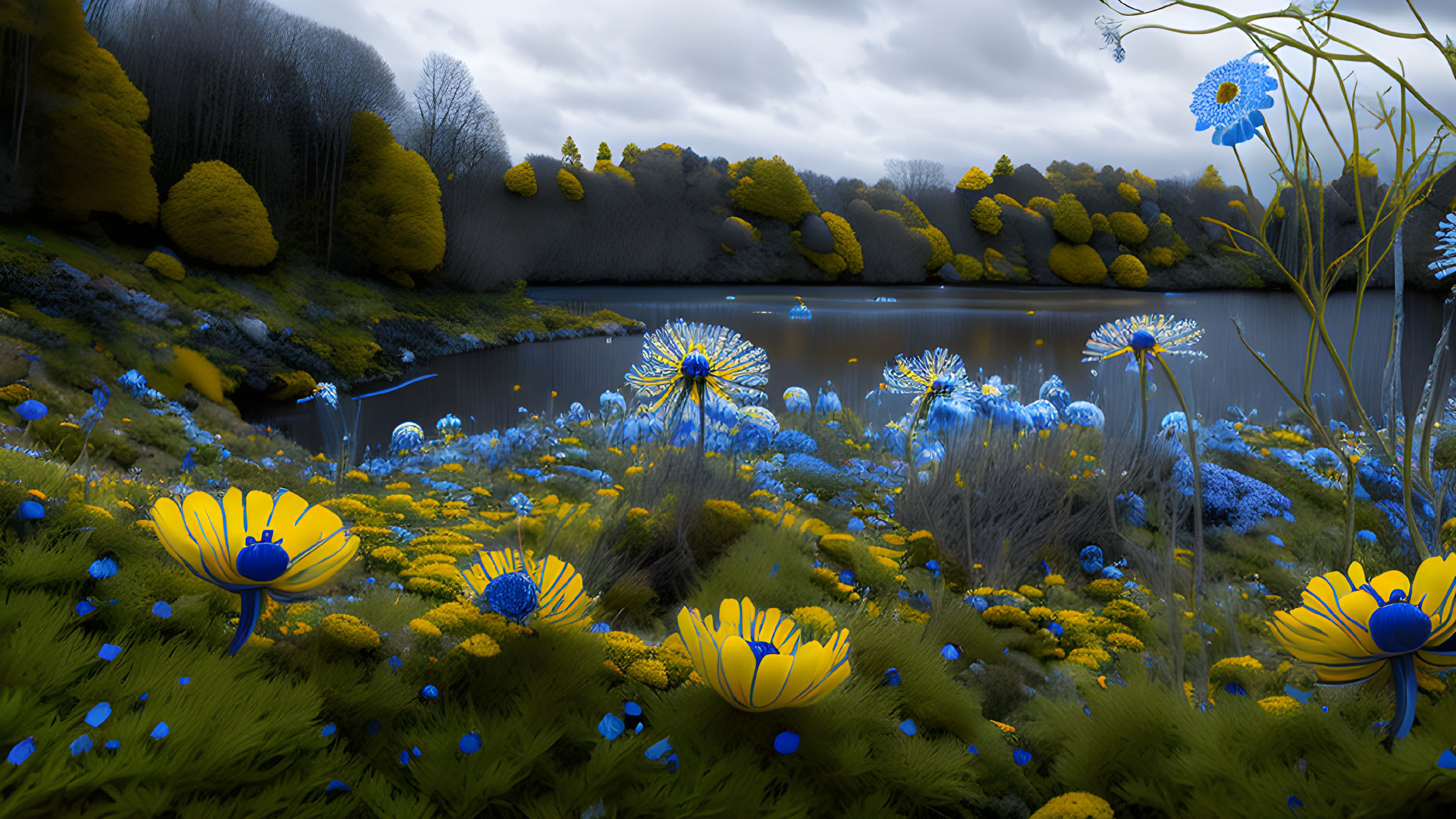 Vibrant surreal landscape with oversized flowers, serene lake, and dramatic sky