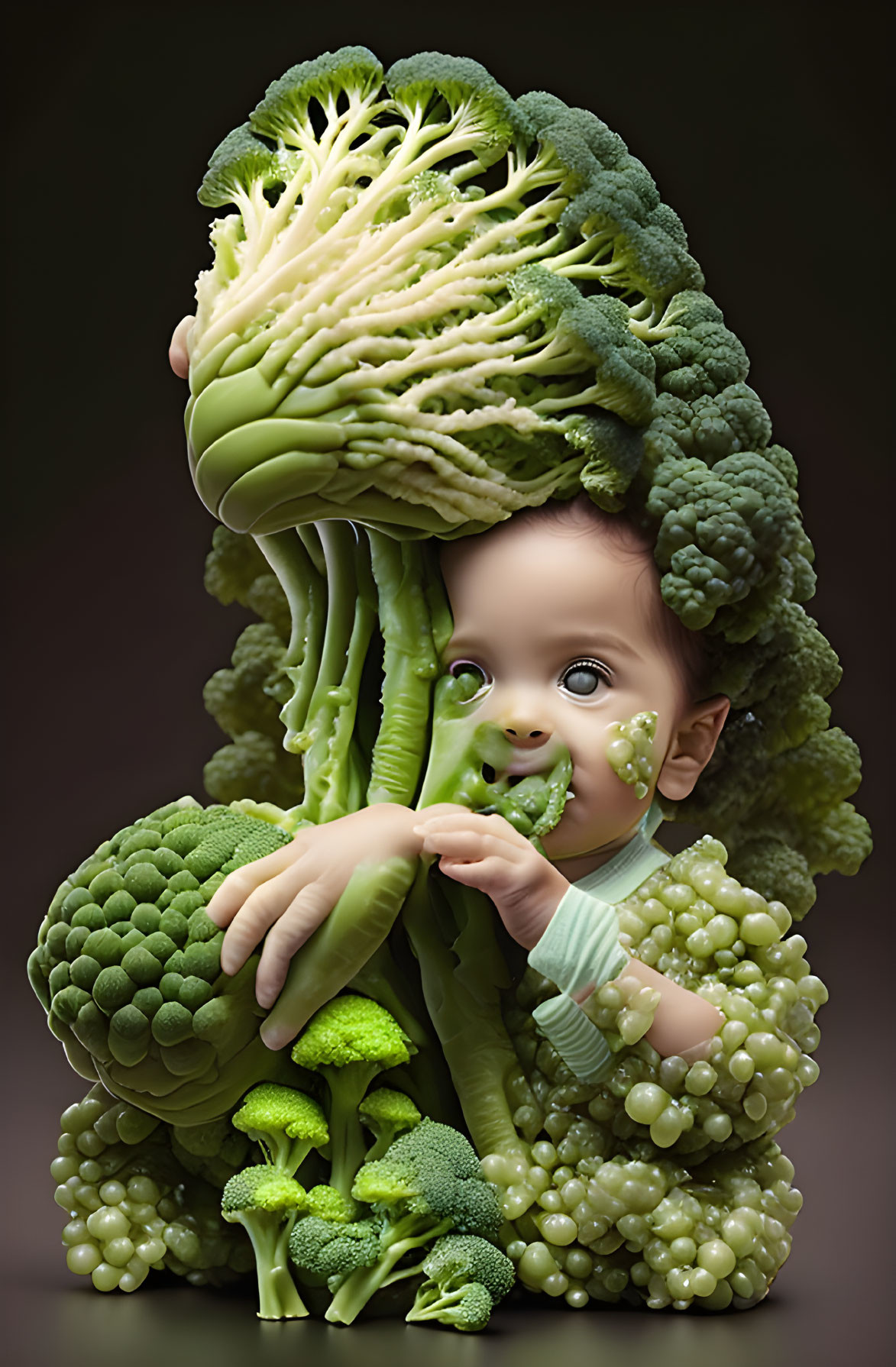 Baby's face in green vegetable cluster illusion