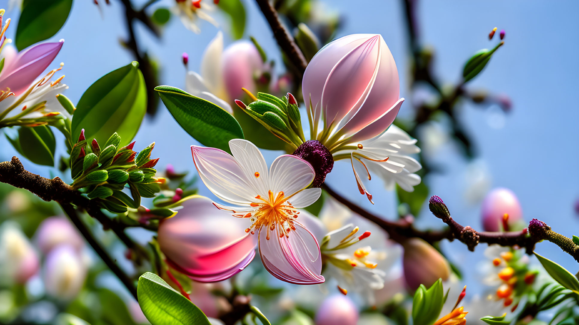 Colorful Magnolia Flower in Full Bloom Against Blue Sky