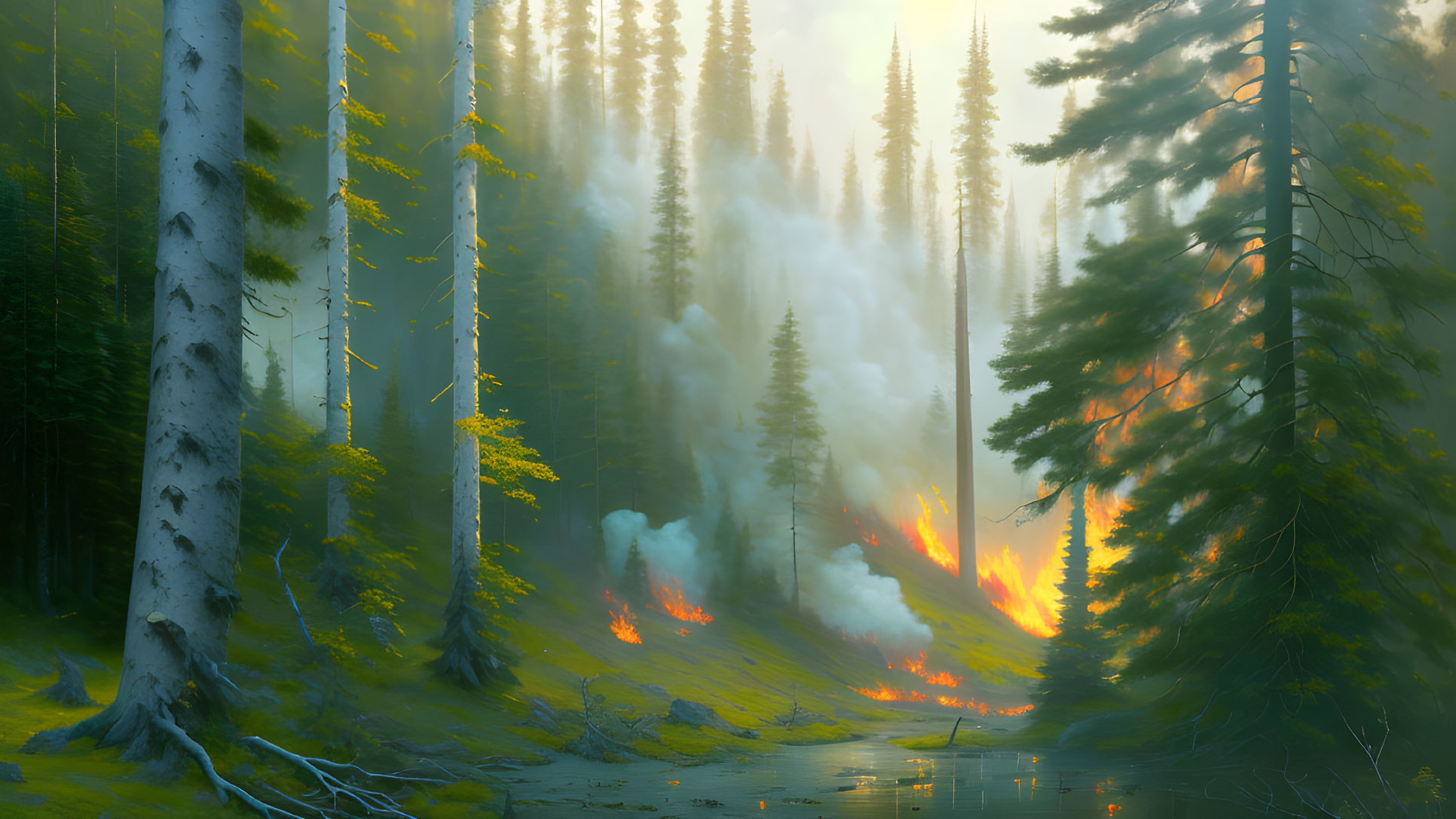 Forest fire with flaming trees, billowing smoke, and golden light.