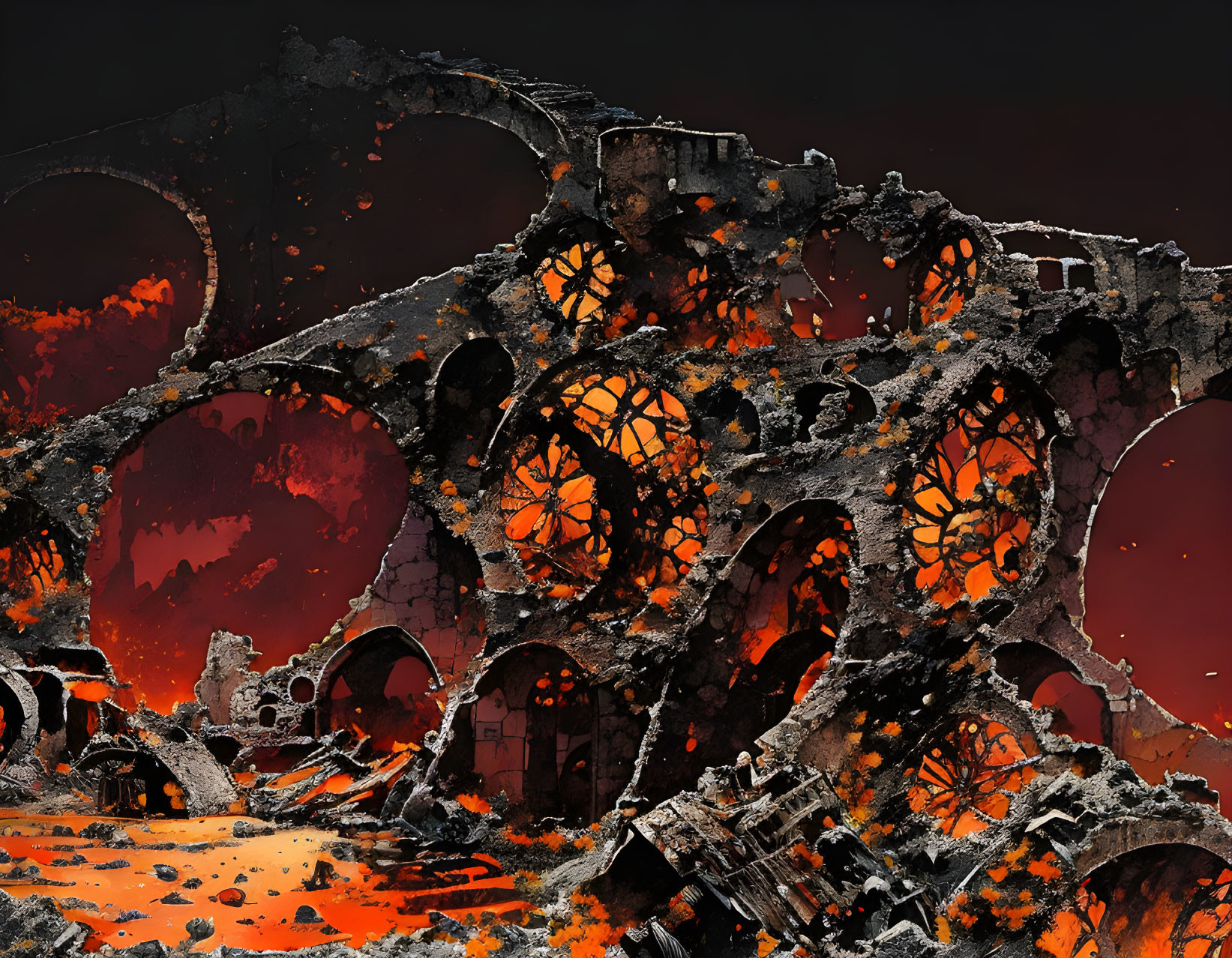 Dystopian landscape with circular ruins under fiery sky