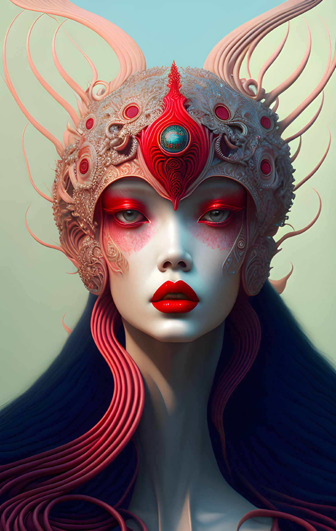 Fantastical portrait of figure with ornate headgear and red eyes