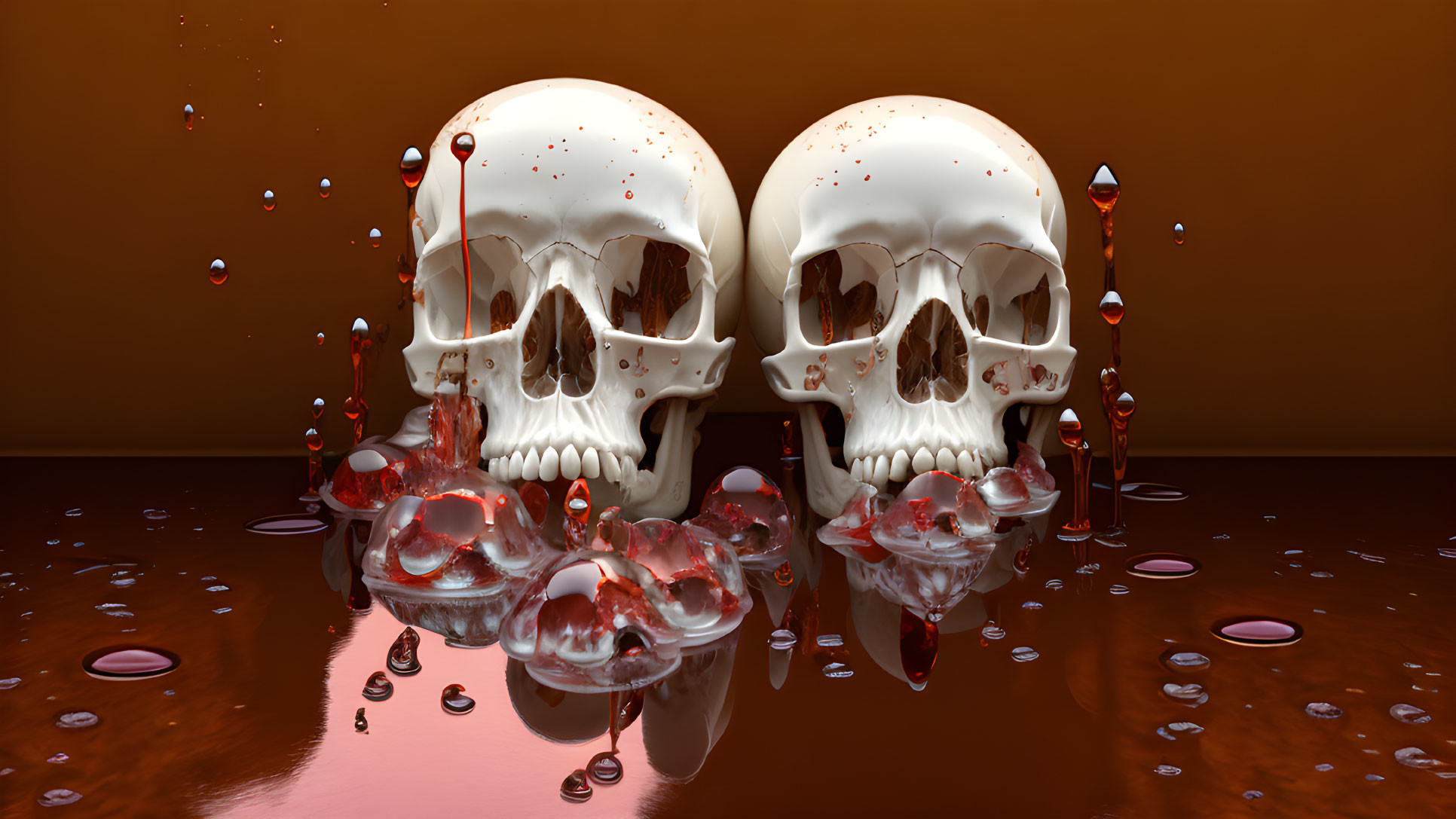 Skulls Reflected on Shiny Surface with Blood-like Droplets