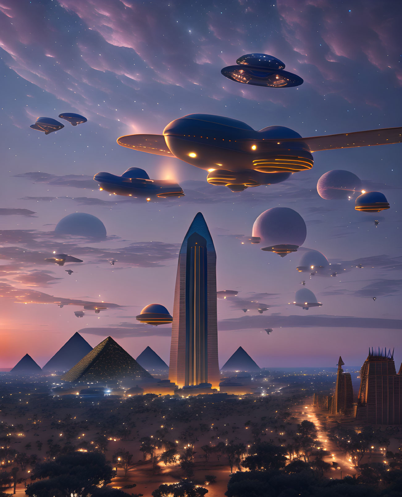 Futuristic twilight cityscape with flying saucers, skyscraper, pyramids, spires