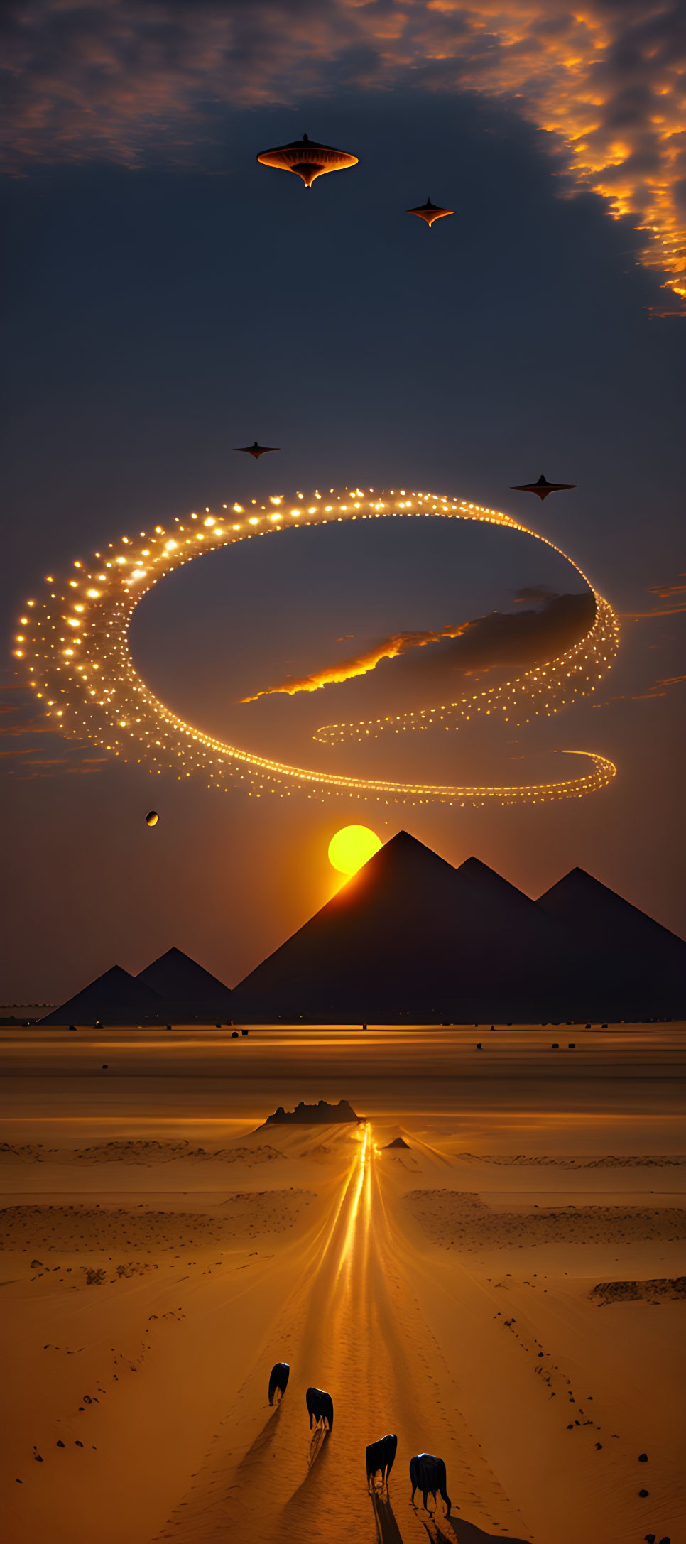 Surreal desert sunset with pyramids, spiraling light trail, camels, and flying birds