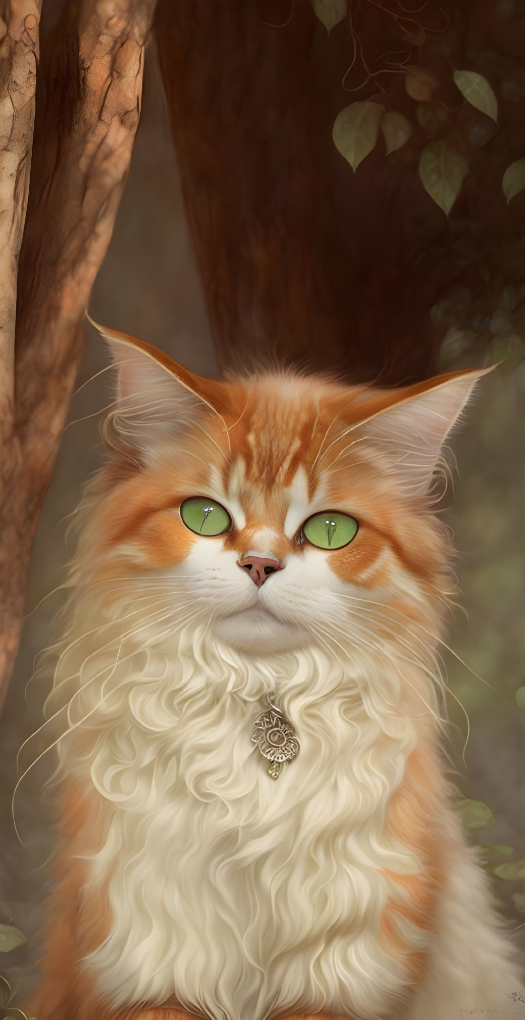 Majestic orange and white cat with green eyes and pendant sitting by tree