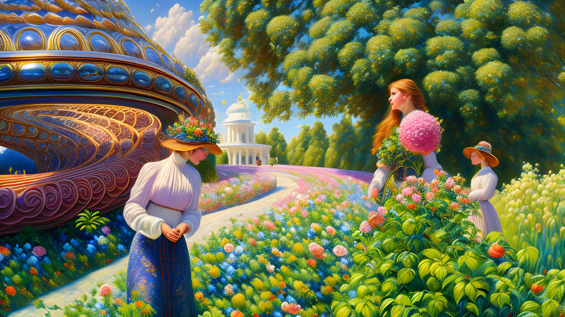 Vibrant garden scene with three women, futuristic and classical architecture