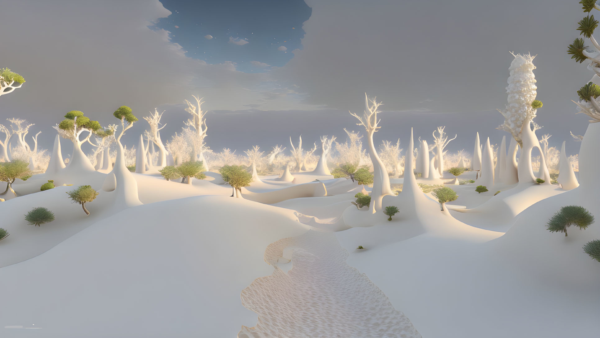 Snowy White Landscape with Trees and Sandy Path under Clear Sky