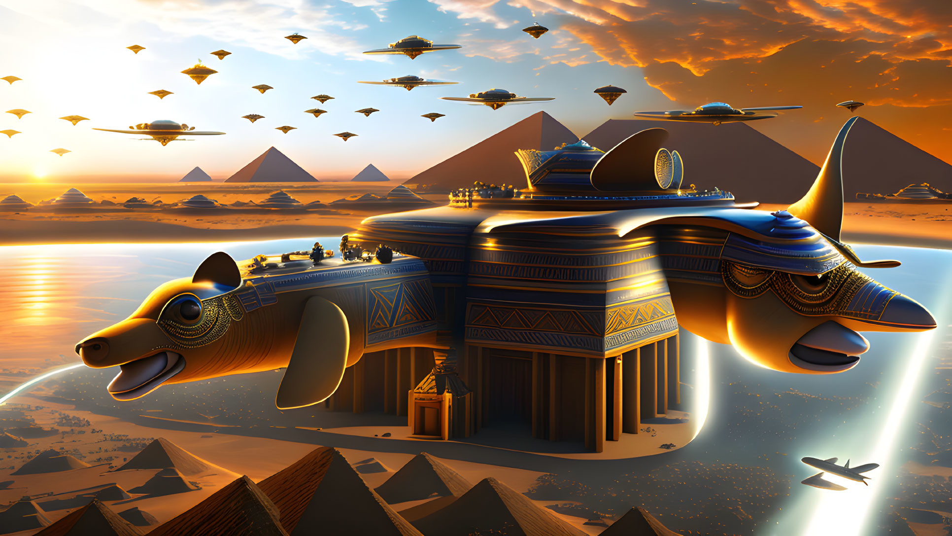 Futuristic Egyptian city with Anubis building, flying vehicles, and pyramids under orange sky