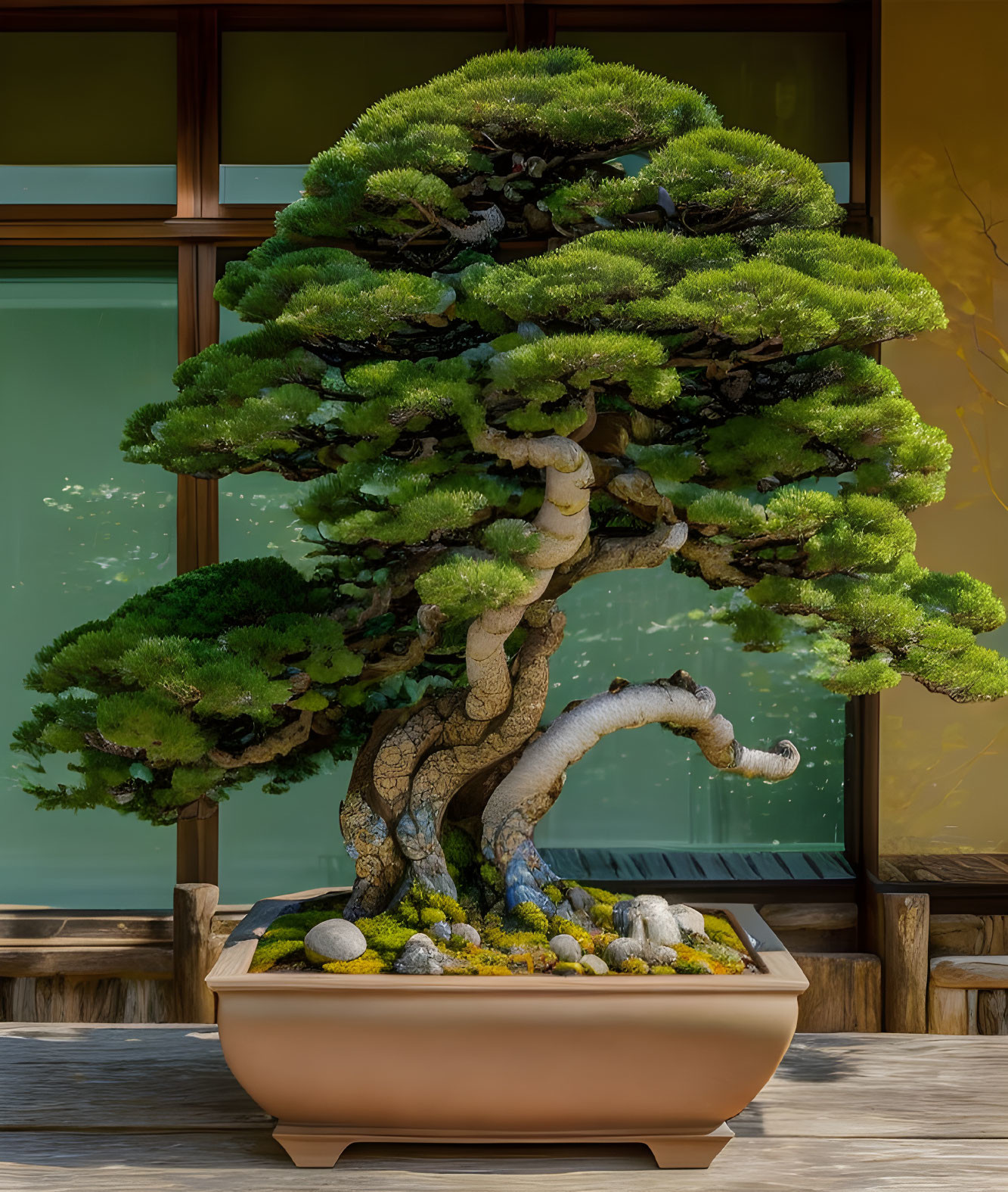 Meticulously trimmed bonsai tree in large beige pot