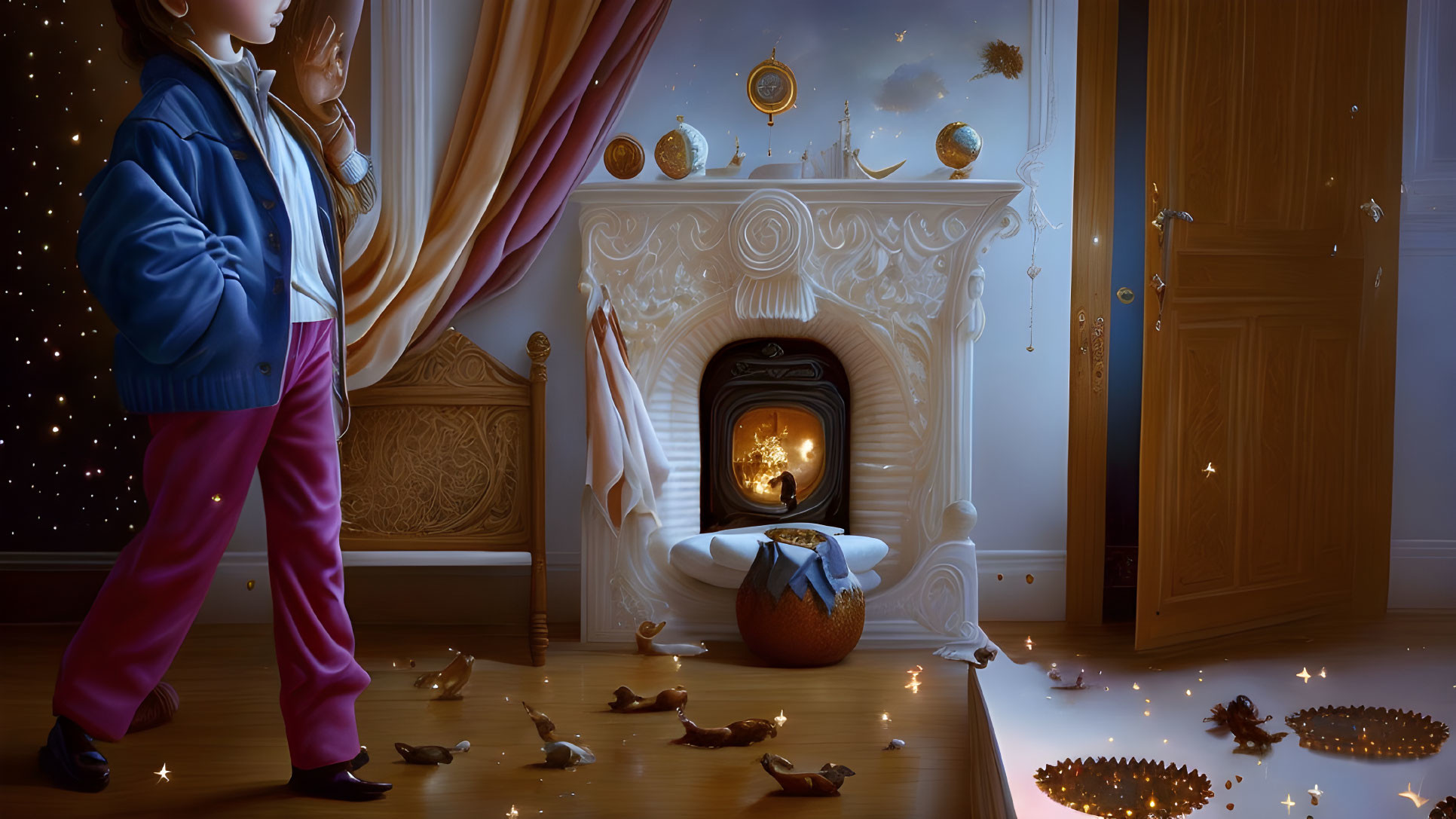 Child in Winter Jacket Gazes at Magical Fireplace with Glowing Pumpkin and Tiny Entity Amid Golden Stars and