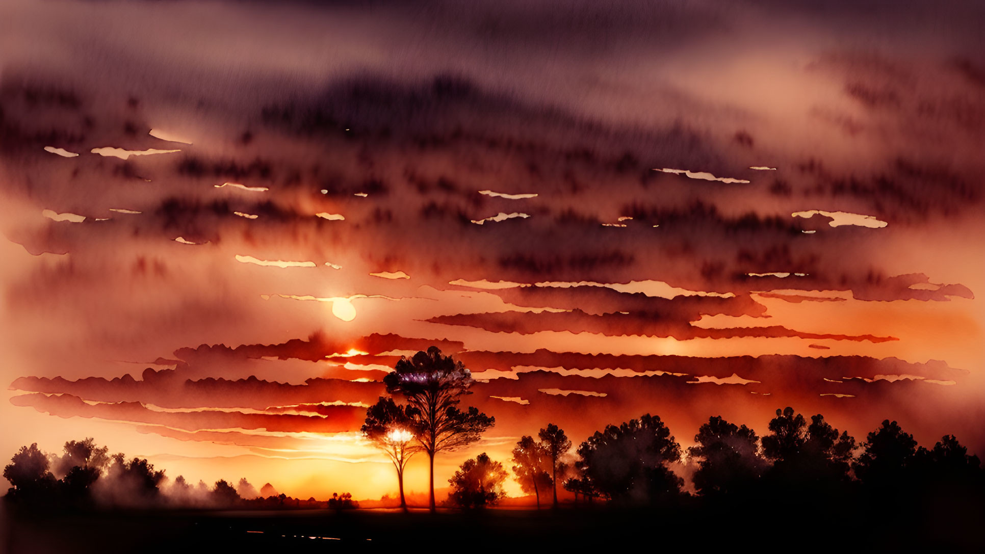 Vivid Sunset Panorama with Orange Hues and Silhouetted Trees