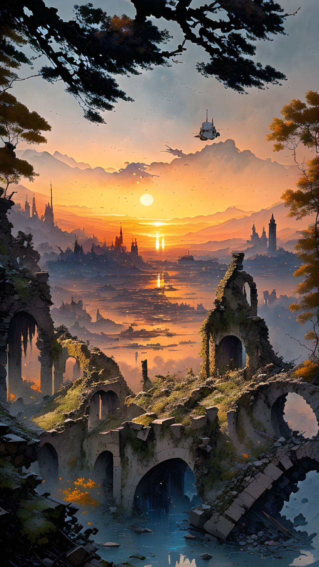 Fantasy landscape with ancient ruins, vibrant sky, water reflections, and floating airship