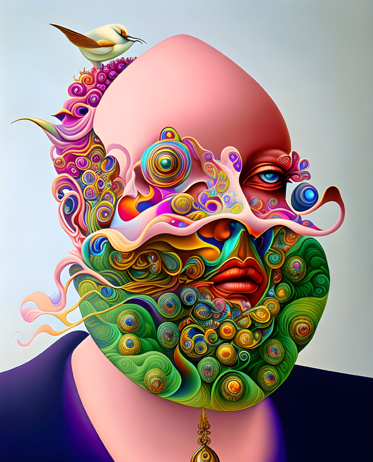 Colorful Surreal Portrait with Paisley Patterns and Bird in Hypnotic Composition