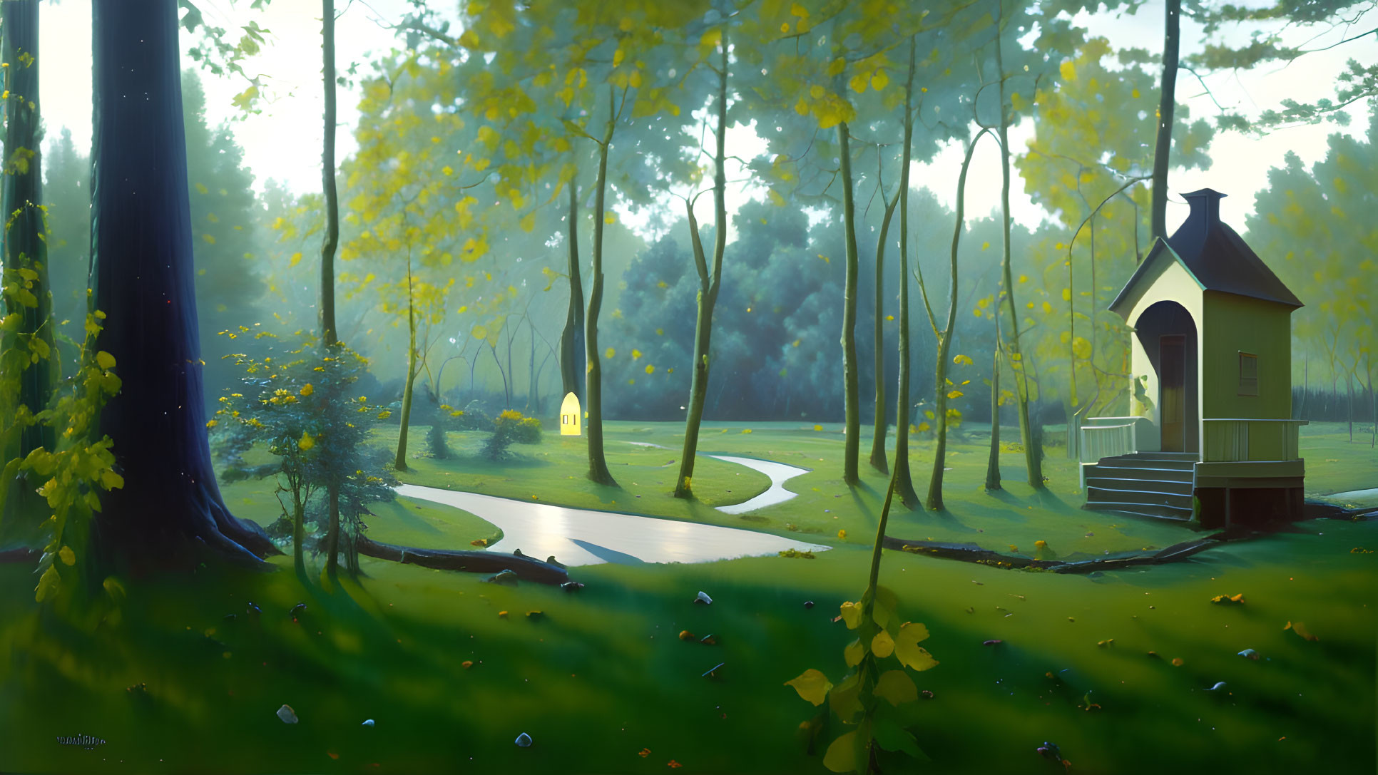 Tranquil forest landscape with winding path to small chapel