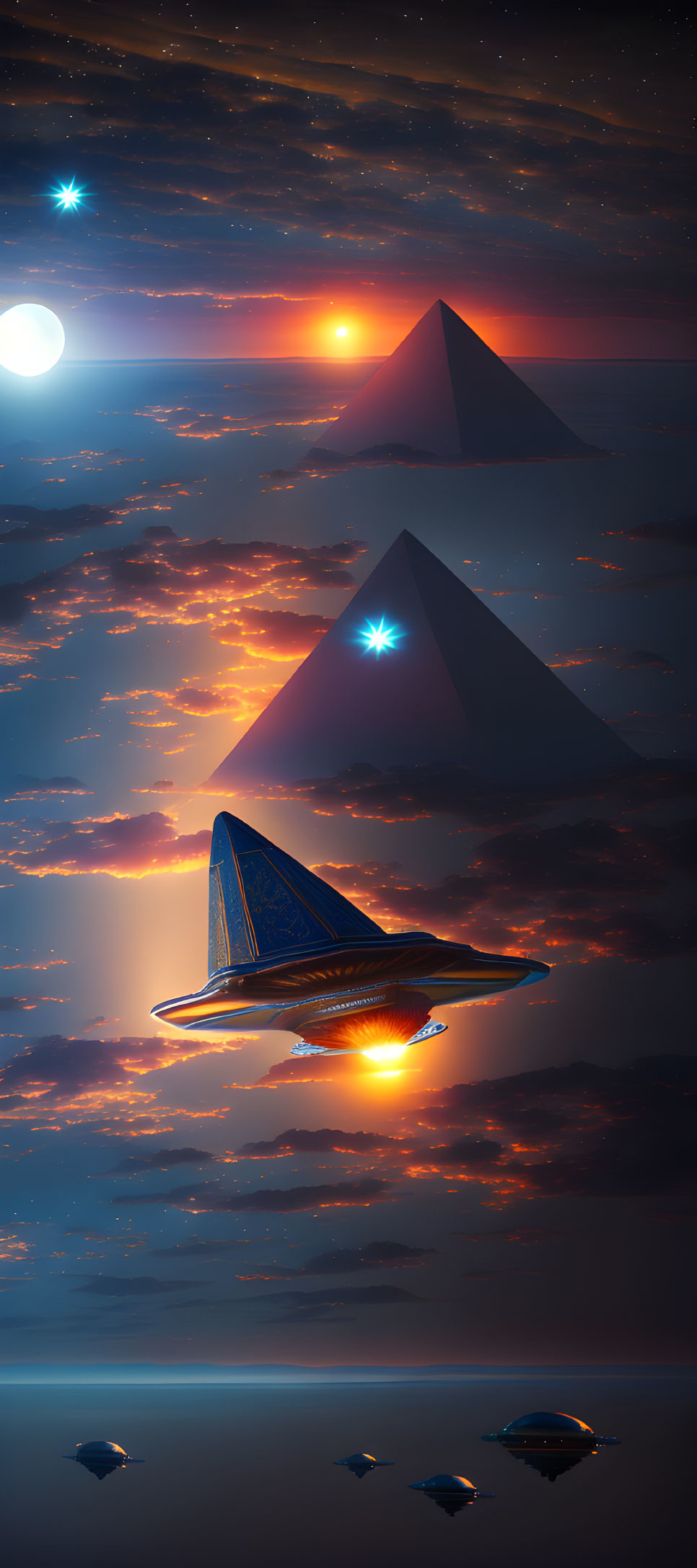 Futuristic illuminated pyramids and spaceship under starry sky