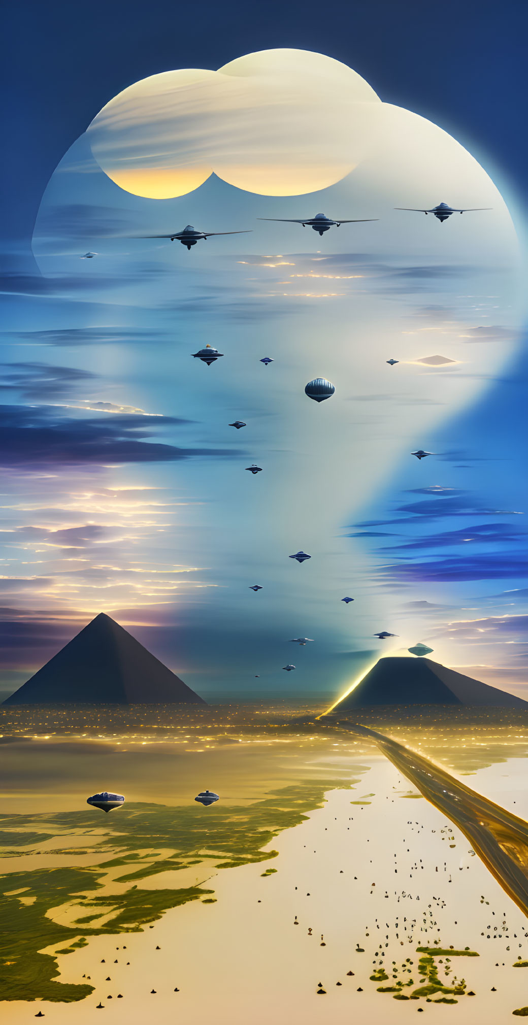 Fantastical landscape with pyramids, moon, aircraft, and glowing road