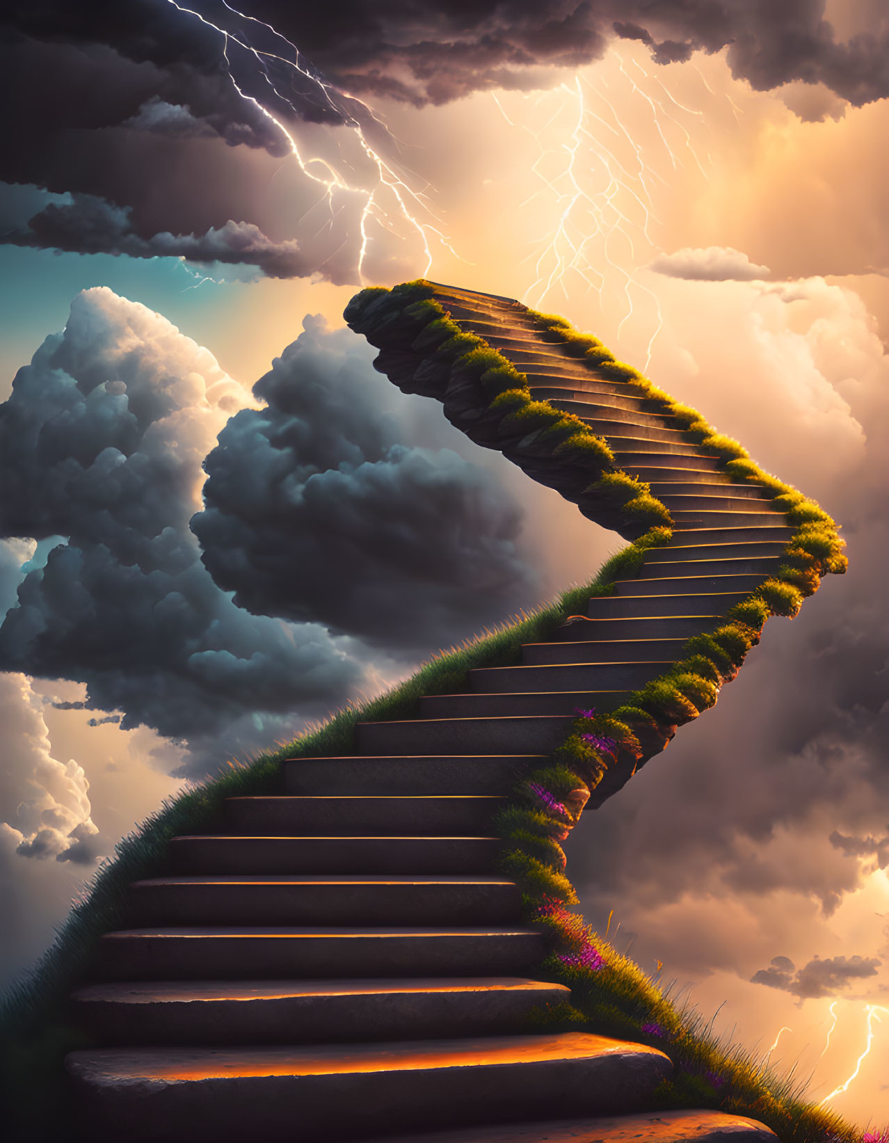 Stone Staircase Ascending into Stormy Sky with Lightning