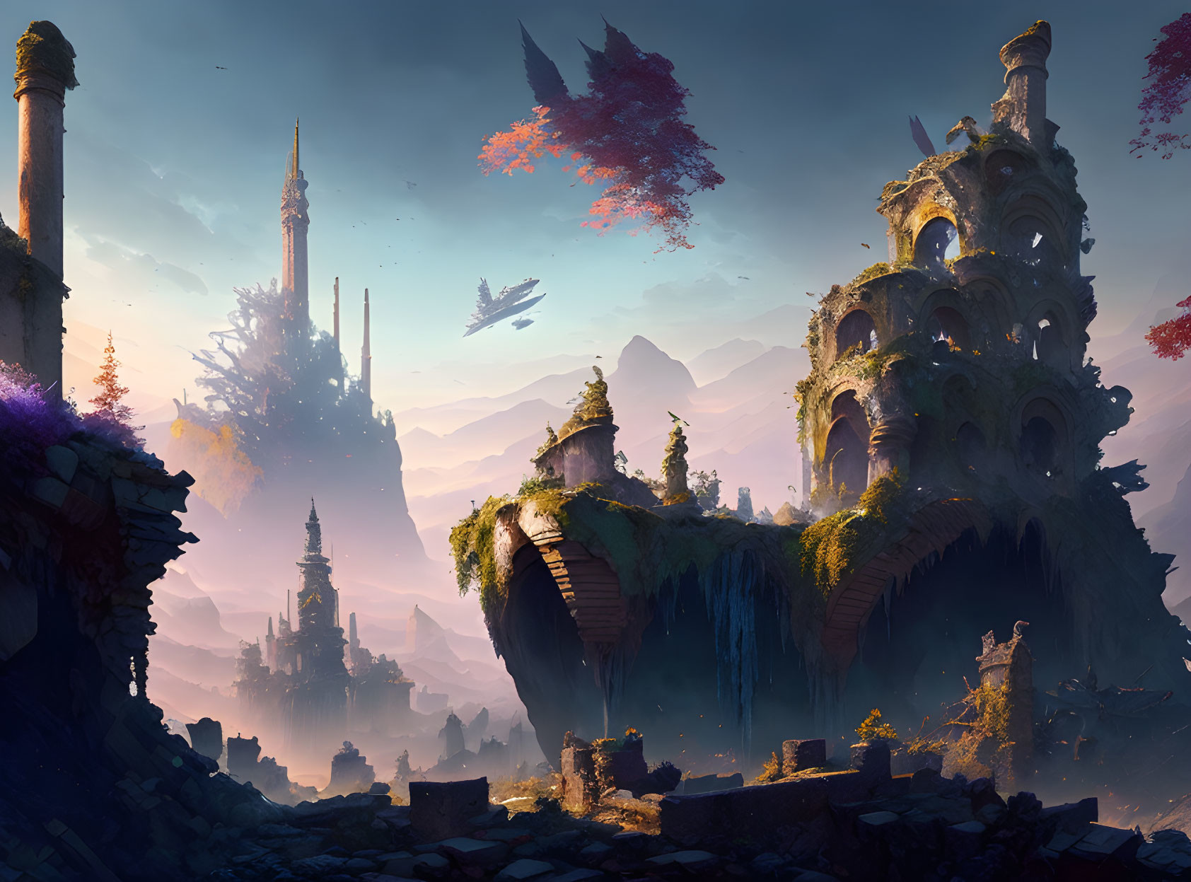 Majestic ancient structures in a fantastical landscape