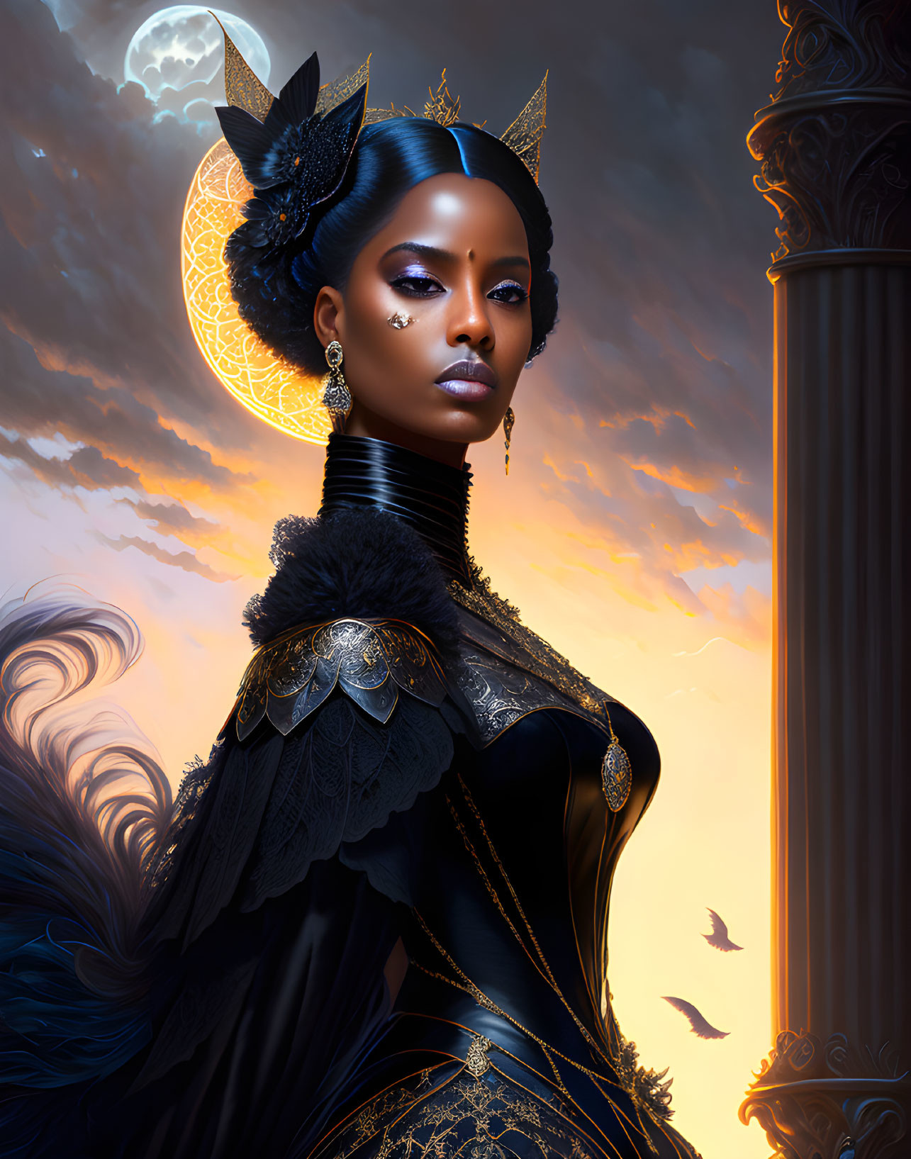 Regal woman in black feathered gown under moonlit sky