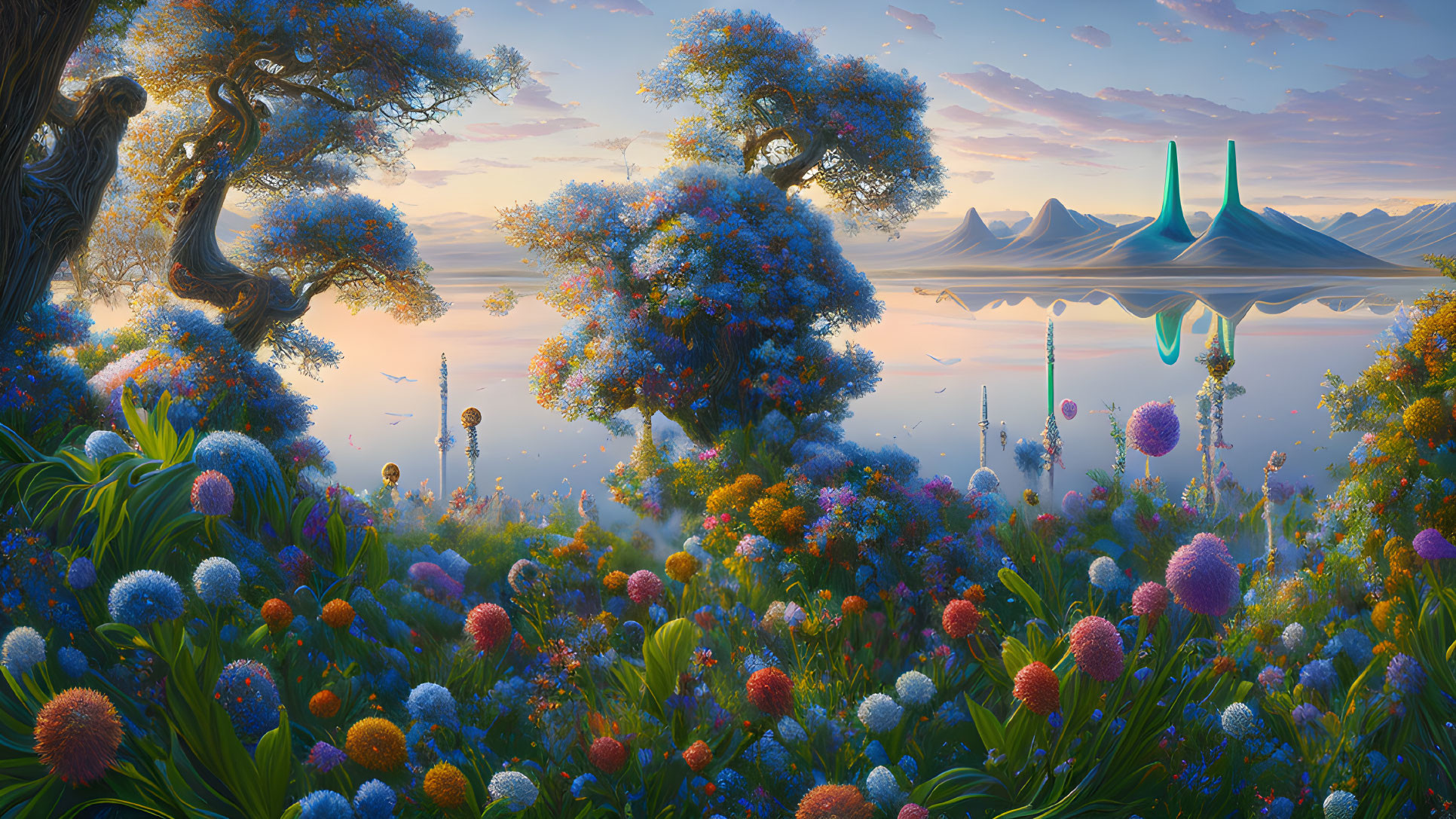 Colorful Blooming Fantasy Landscape with Lake and Mountains at Twilight